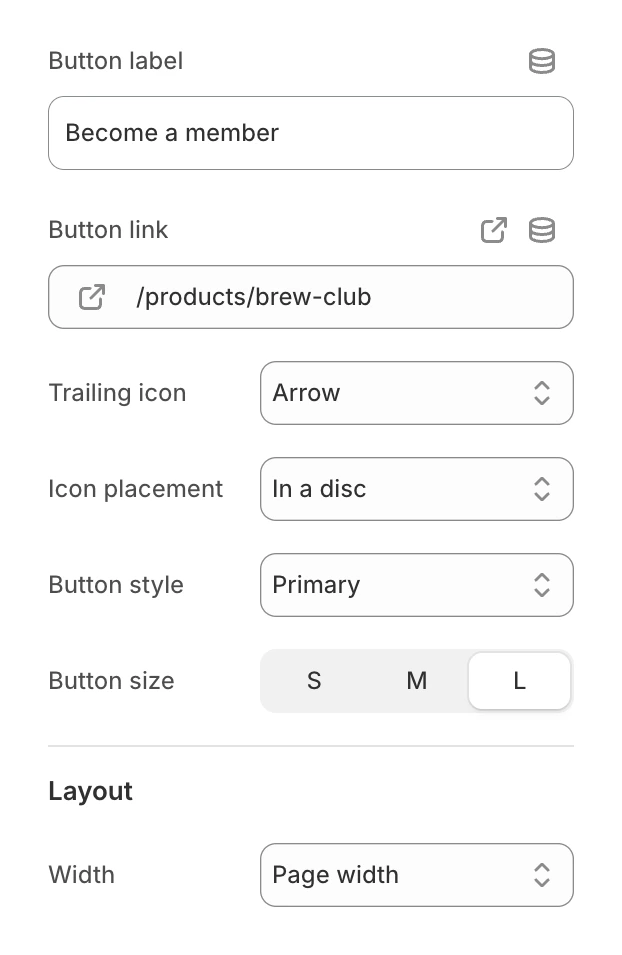 Button block settings with Become a member, a link, Trailing icon, Icon placement, Button style and Button size