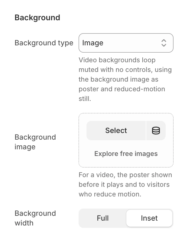 Background group of the Testimonials section with Background type set to Image, an empty Background image and Background width