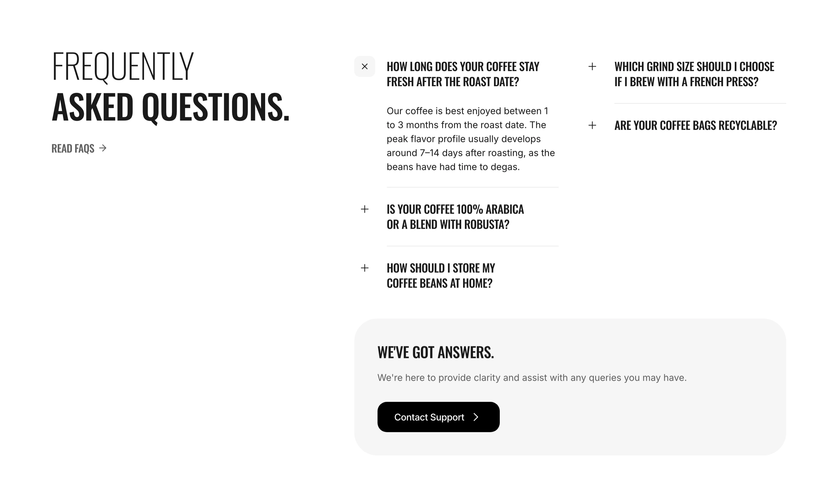 FAQ section with a two-line heading on the left, two columns of questions on the right with the first answer open, and a support card under them