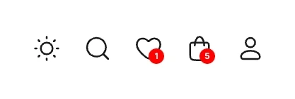 Header icons in a row: the sun button, search, wishlist, cart and account