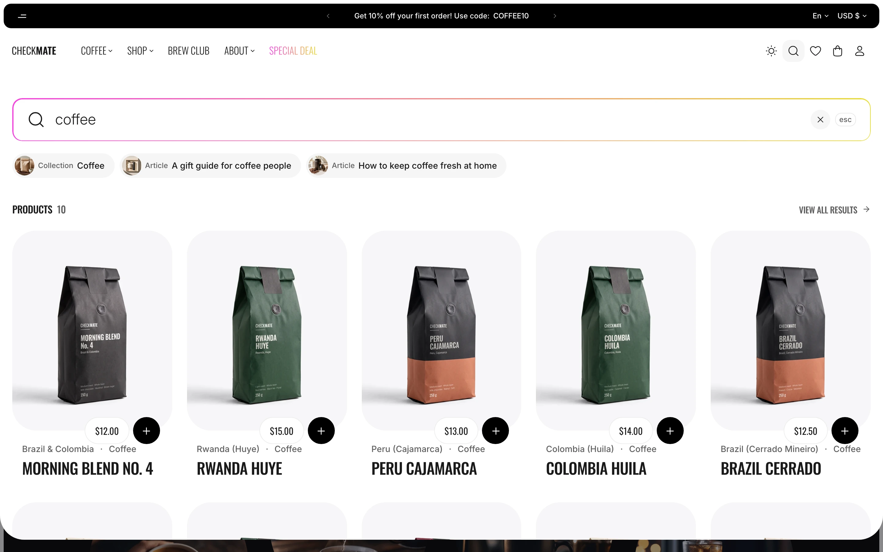 Search panel open under the header for coffee, with a row of a collection and two articles above a grid of product cards and the esc hint in the field