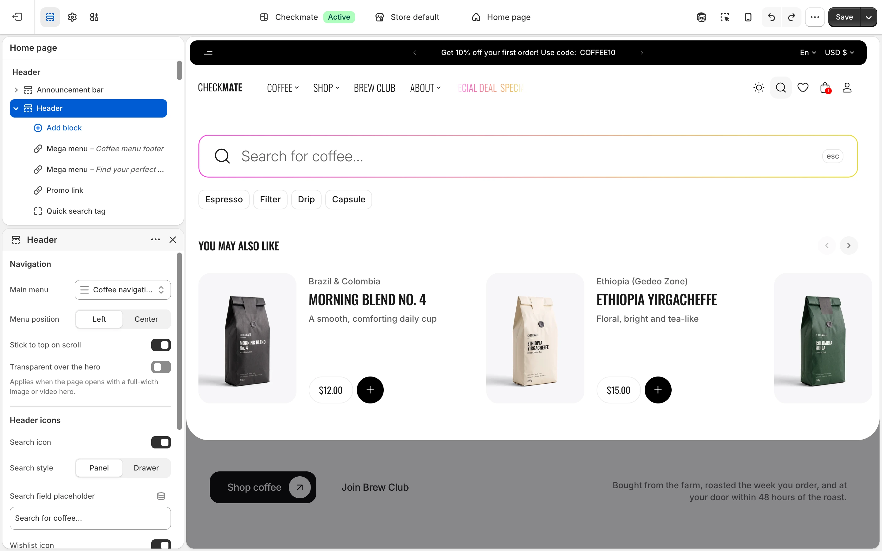 Header settings with Search style set to Panel and the Search for coffee placeholder, and the open search field in the preview