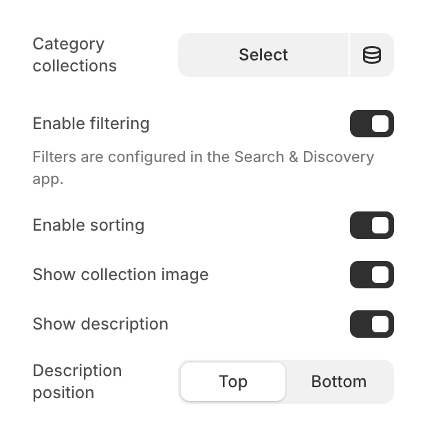 Collection section settings with Enable filtering, Enable sorting and the other switches under Content