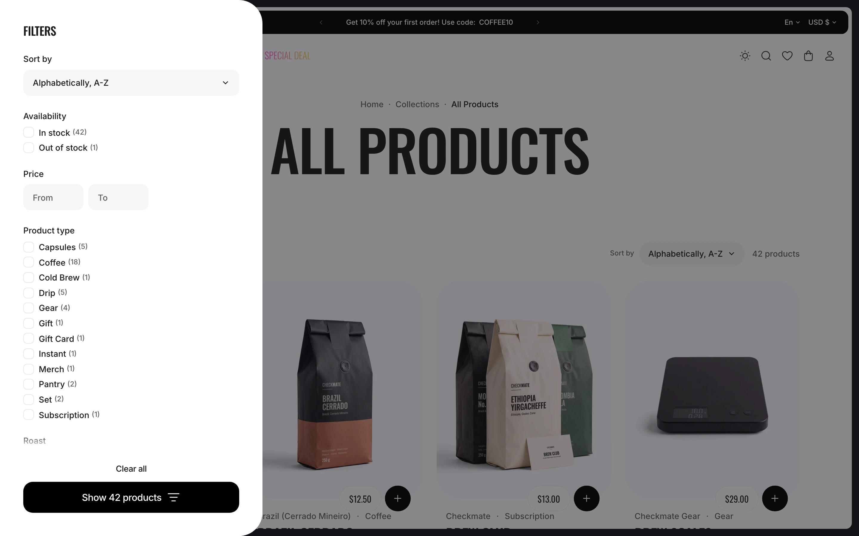Filters panel open on the left of the All Products page, with Sort by, Availability, Price and Product type, and Show 42 products at the bottom