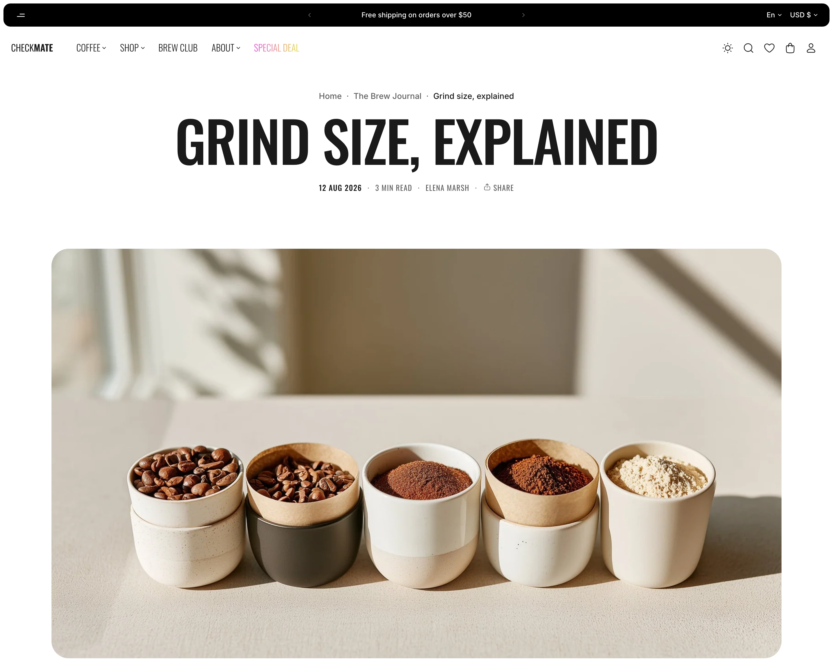 Blog post page with the title Grind size, explained, a line with the date, reading time and author, and a wide photo of five cups of ground coffee