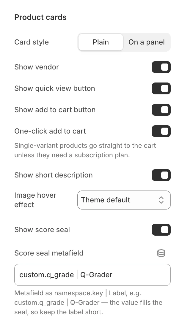 Product cards group of the Collection section, from Card style to Show score seal and Score seal metafield