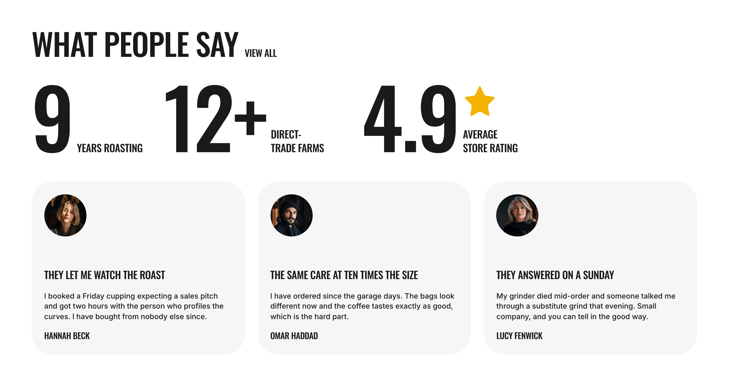 Testimonials section with the heading What people say, a View all link, the figures 9, 12+ and 4.9 with a star, and three quote cards with photos