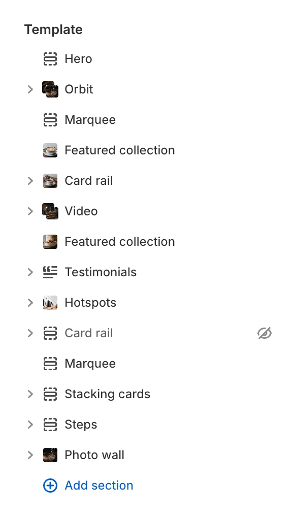 Template list in the editor sidebar with the second Card rail section grayed out and a crossed-out eye beside its name