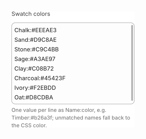 Swatch colors in Theme settings with eight lines, such as Chalk:#EEEAE3 and Sage:#A3AE97