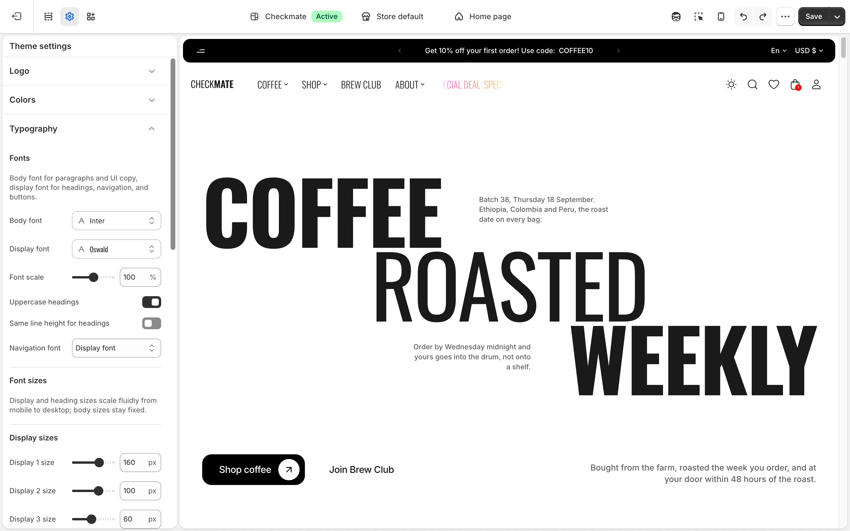 Typography group with Inter as Body font and Oswald as Display font, and the home page hero heading in the preview