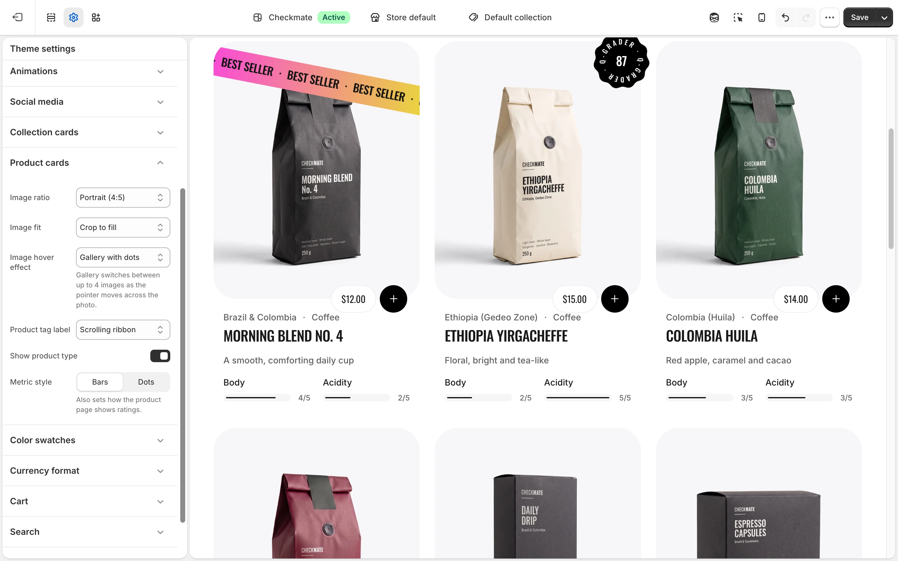 Product cards group in Theme settings with Metric style set to Bars, and Body and Acidity bars on the collection's cards