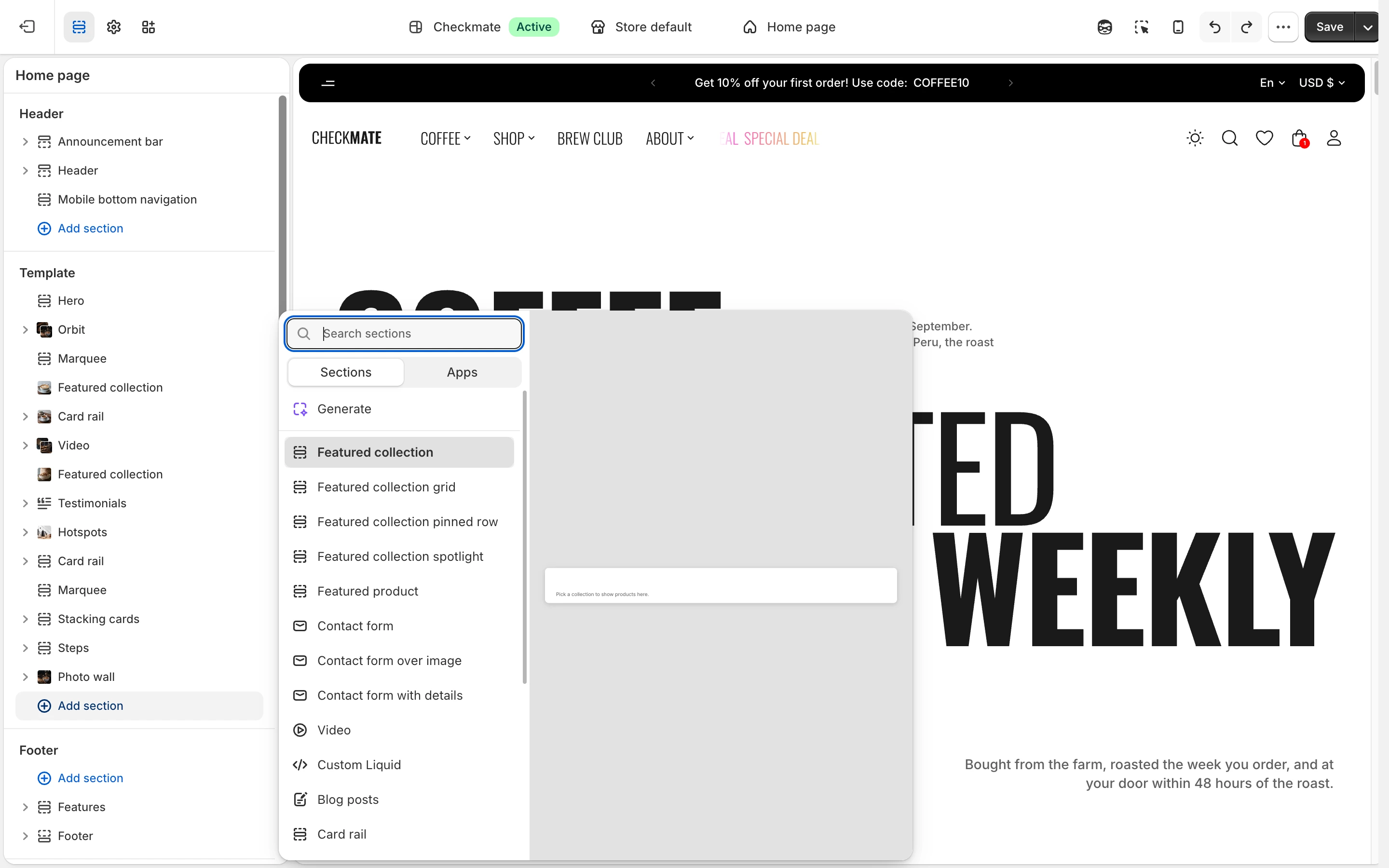 Add section list in the editor with the Sections tab open, from Featured collection to Card rail