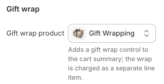 Gift wrap group in Cart settings with the Gift Wrapping product chosen in Gift wrap product