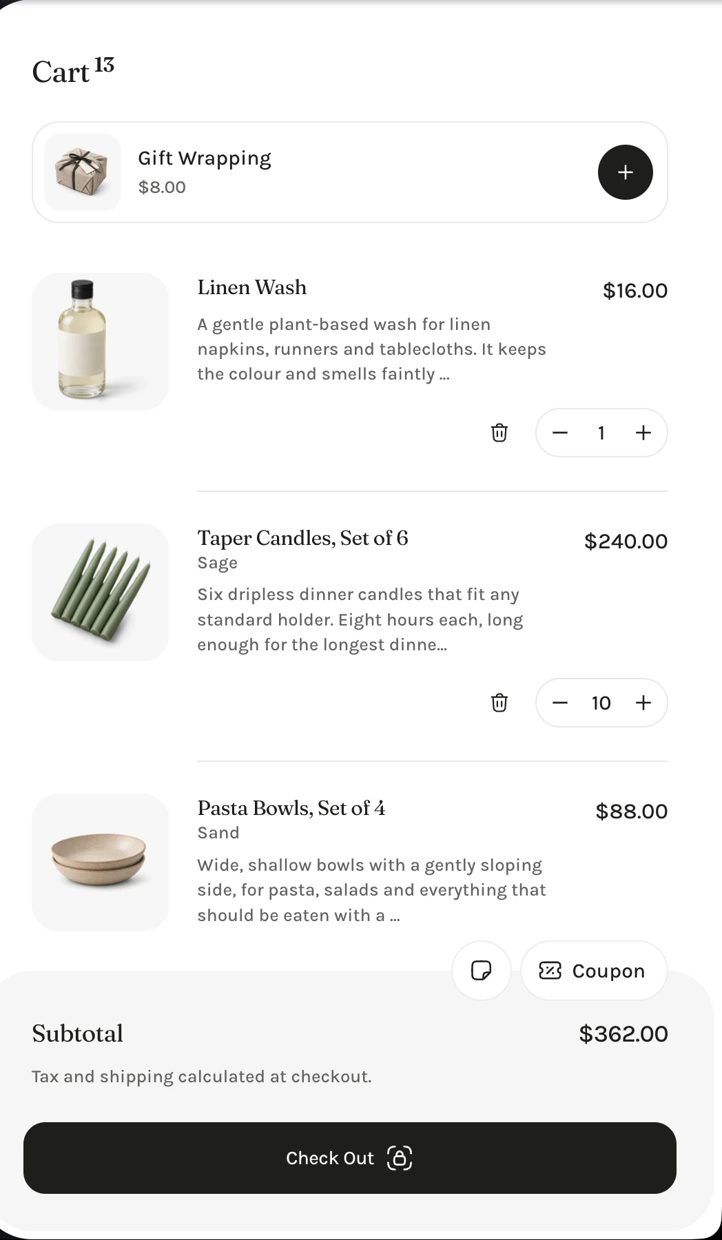 Lair cart drawer with a Gift Wrapping card at $8.00 and a round plus button above the products in the cart