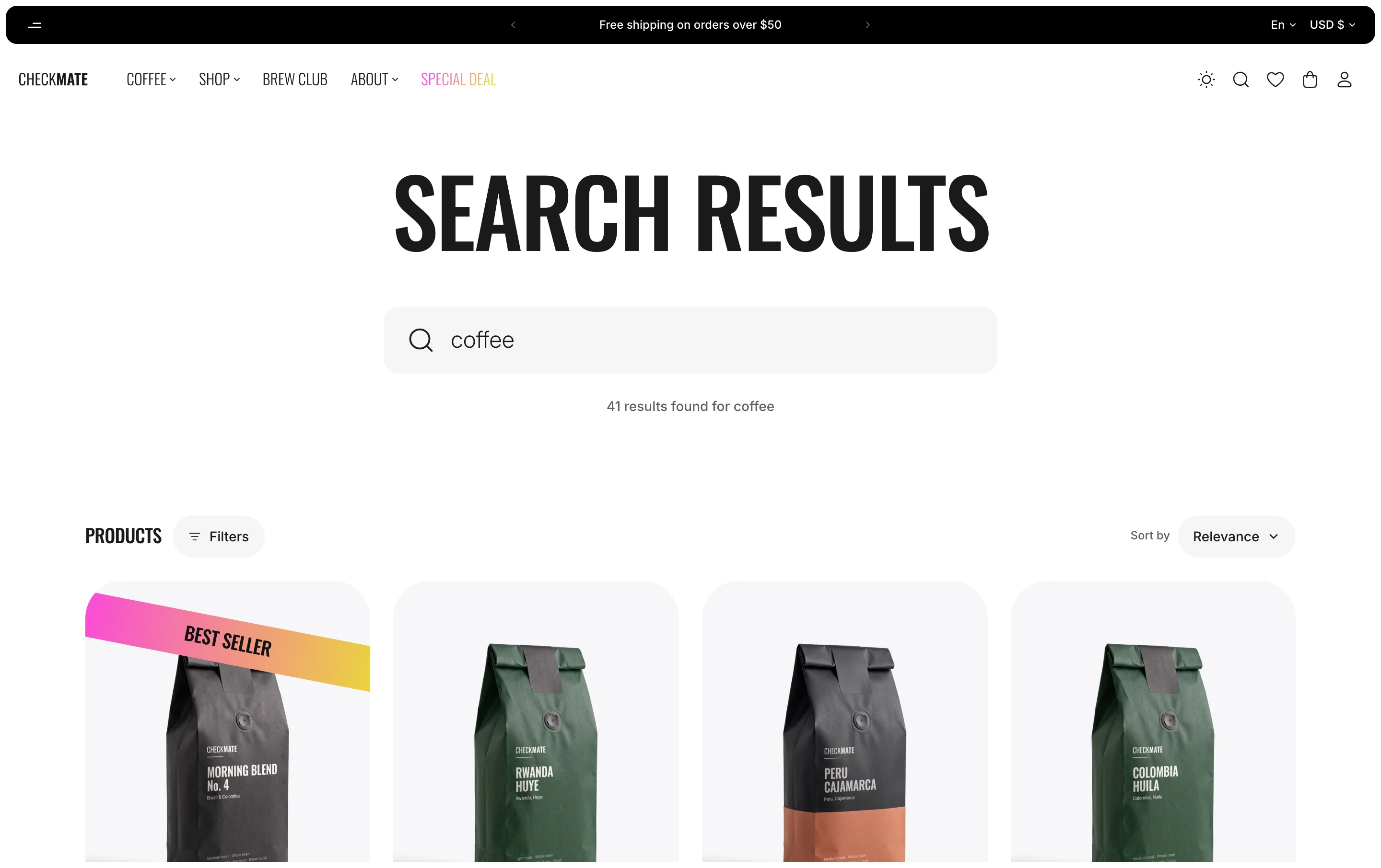 Search results page for coffee with the search field and the result count above Products, the Filters button, the Sort by menu and product cards