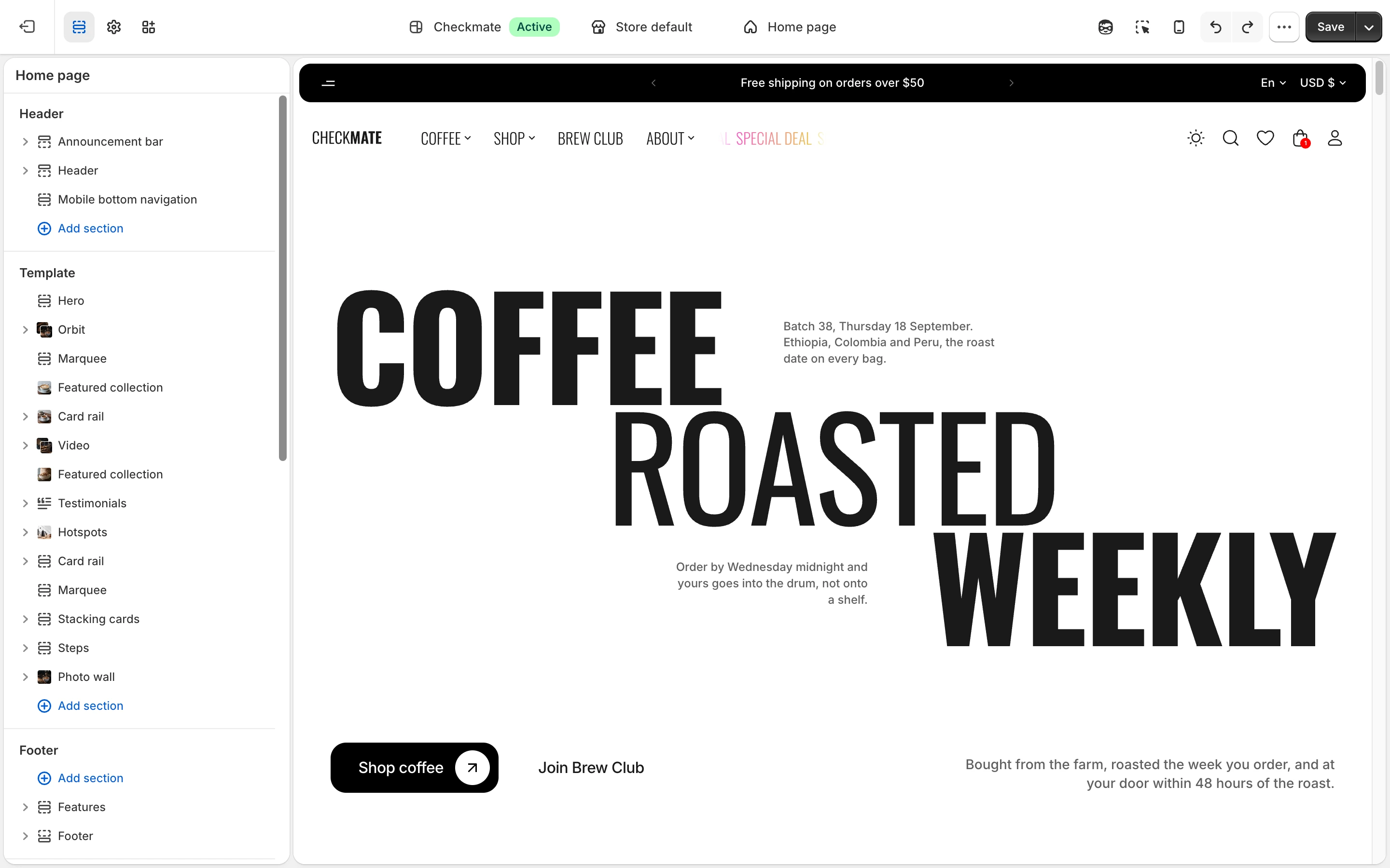 Theme editor on the home page, with icons at the top of the sidebar and the Header, Template and Footer section lists under them