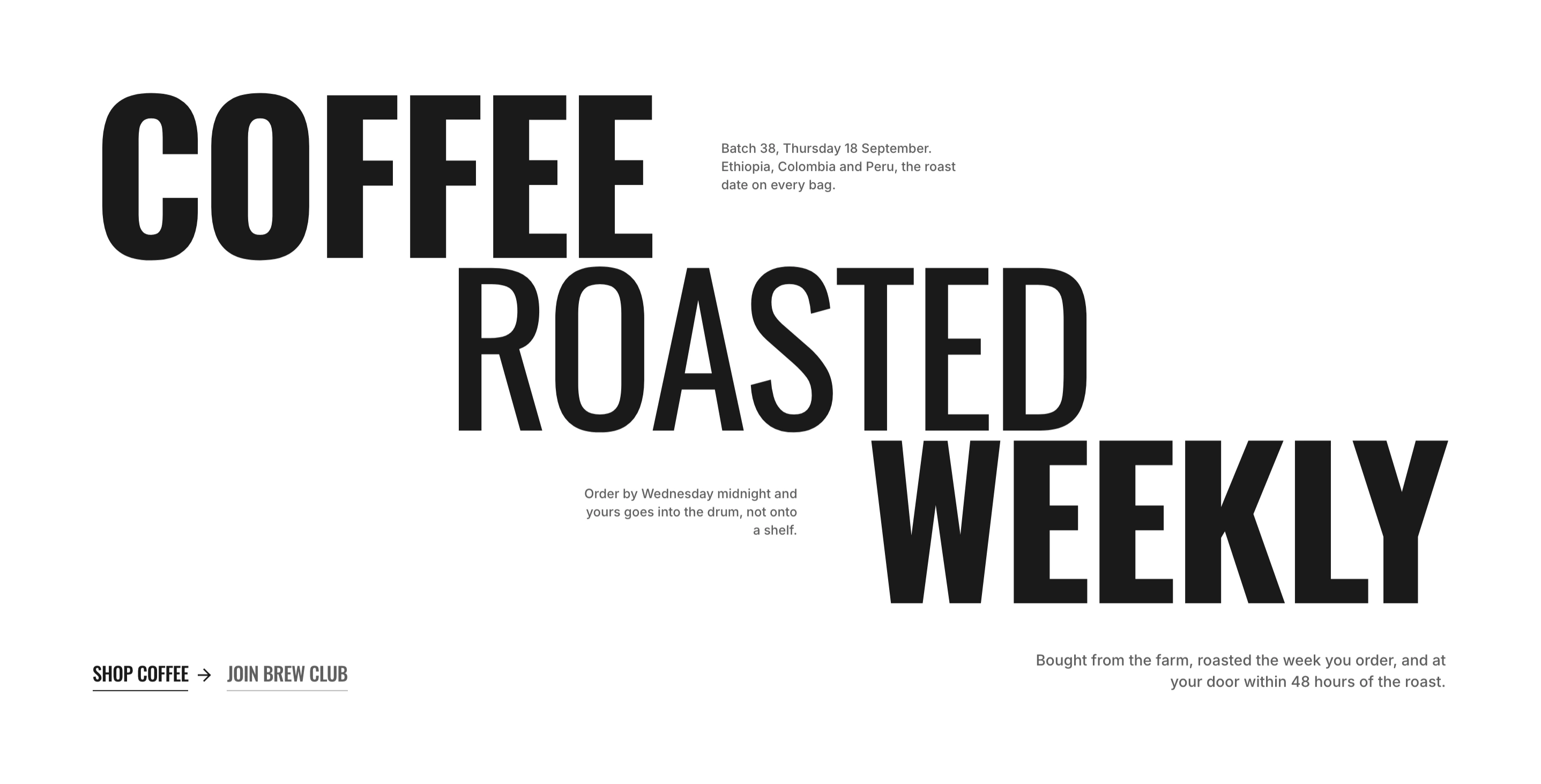 Hero section with the heading Coffee roasted weekly split across three lines, two short notes beside the words, and two underlined links along the bottom