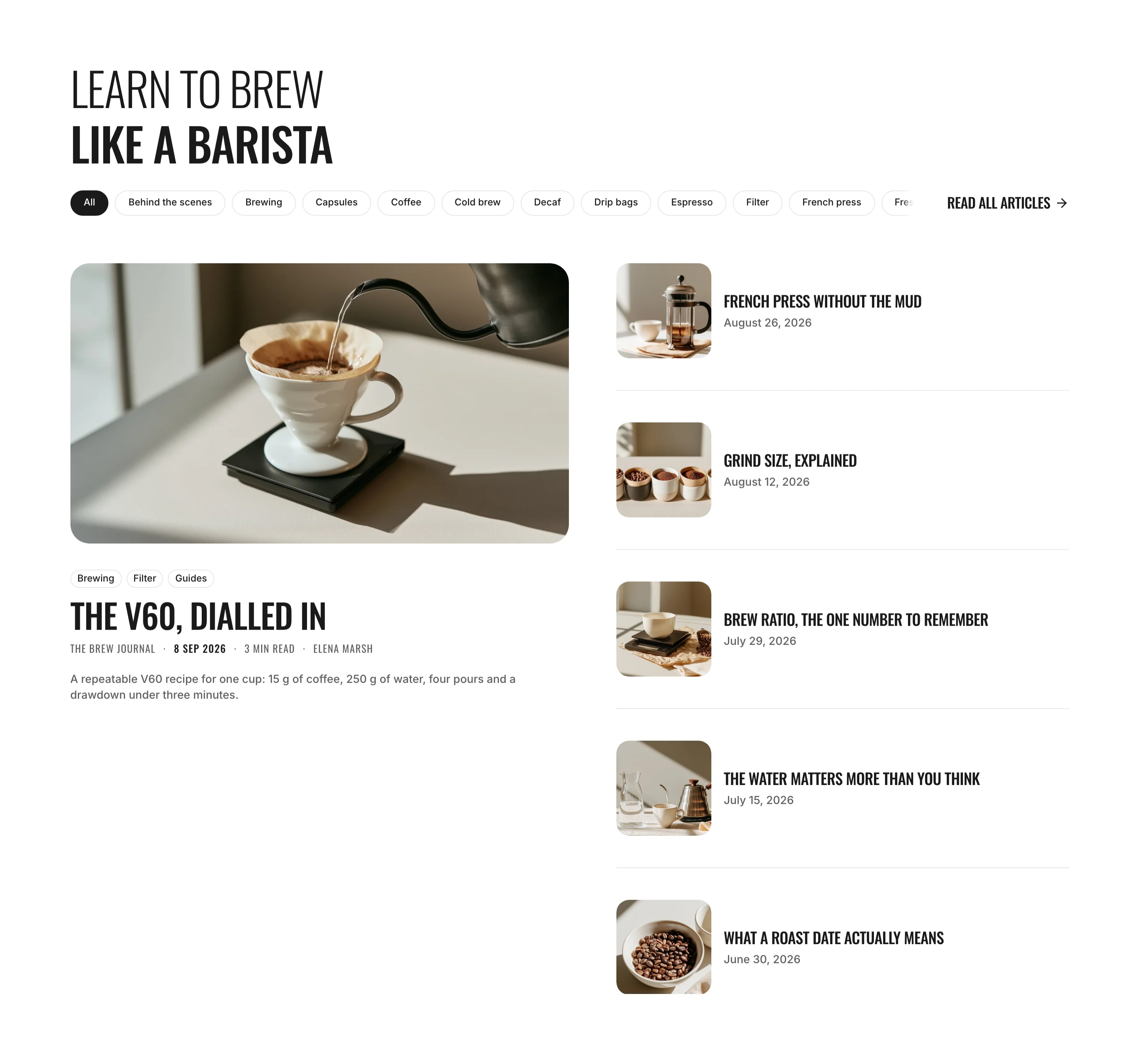 Blog posts section with a large card for the newest post on the left and small rows with square photos, titles and dates on the right
