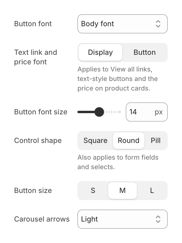 Buttons group in Theme settings with Button font, Text link and price font, Button font size, Control shape, Button size and Carousel arrows
