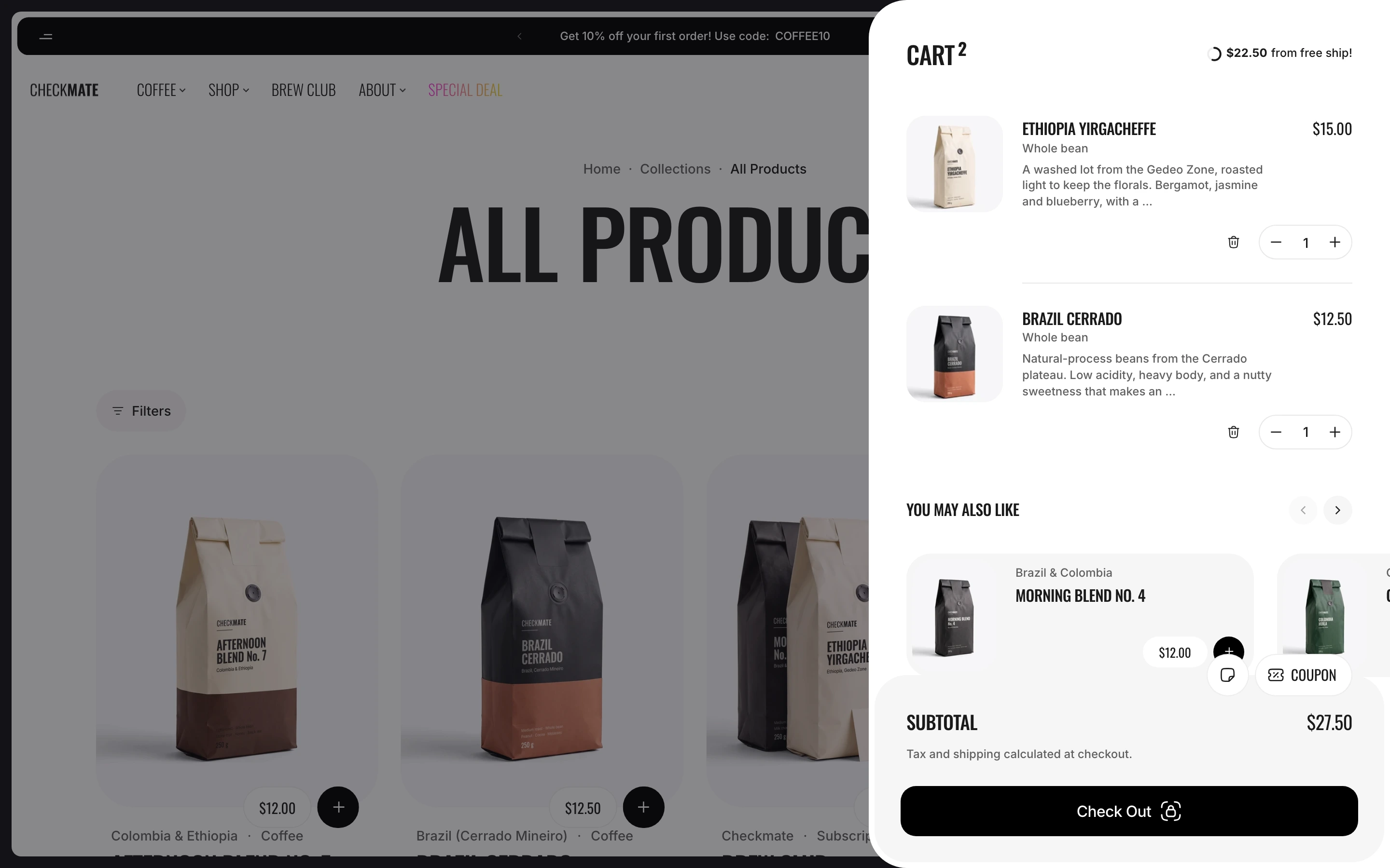 Cart drawer open at the right of a collection page, with two products, a You may also like carousel, the subtotal and the Check Out button