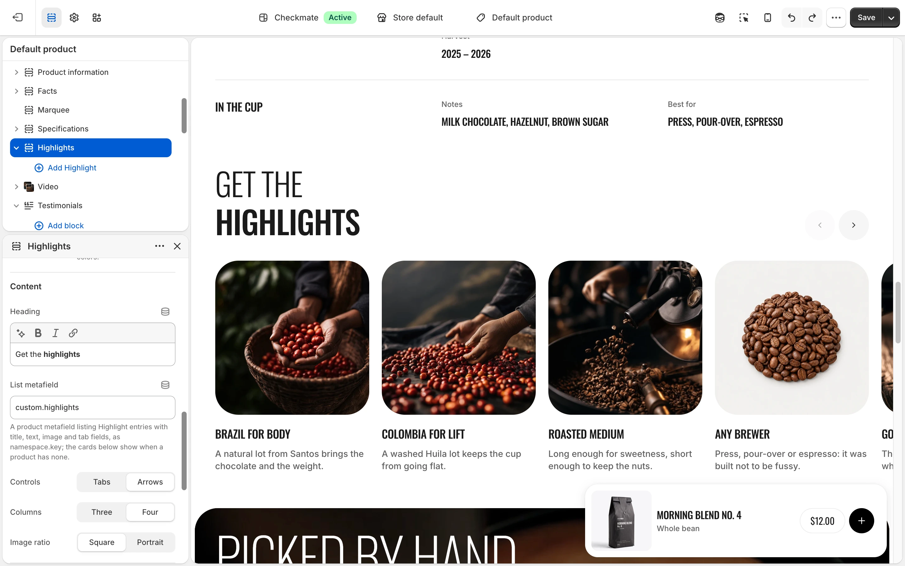 Highlights section settings with custom.highlights in List metafield, and the product's photo cards under Get the highlights