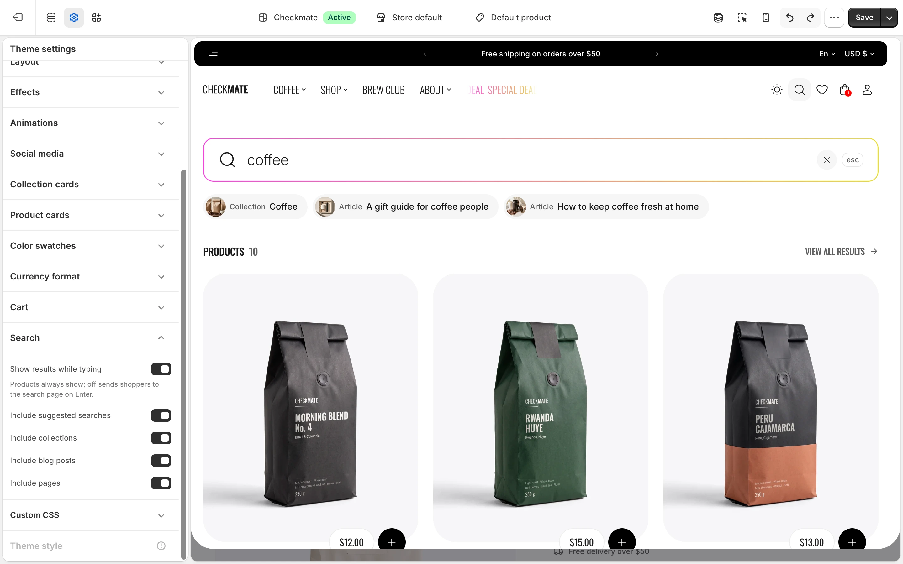 Search group in Theme settings with its five switches, and the search panel for coffee with a collection and two articles above the products