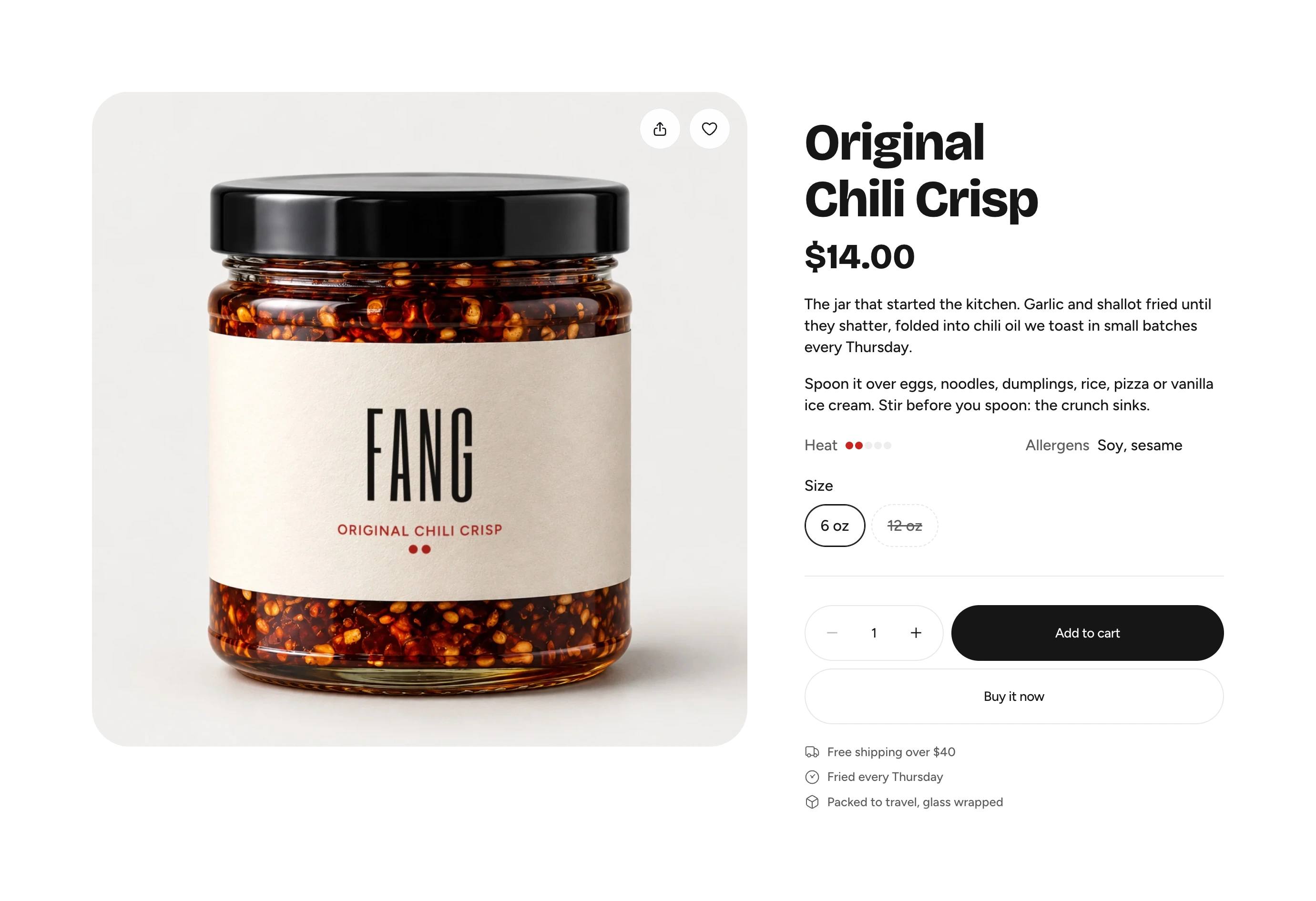 Featured product in the Product form layout: a chili crisp jar on the left, and the title, price, description, Heat dots, Size and add to cart