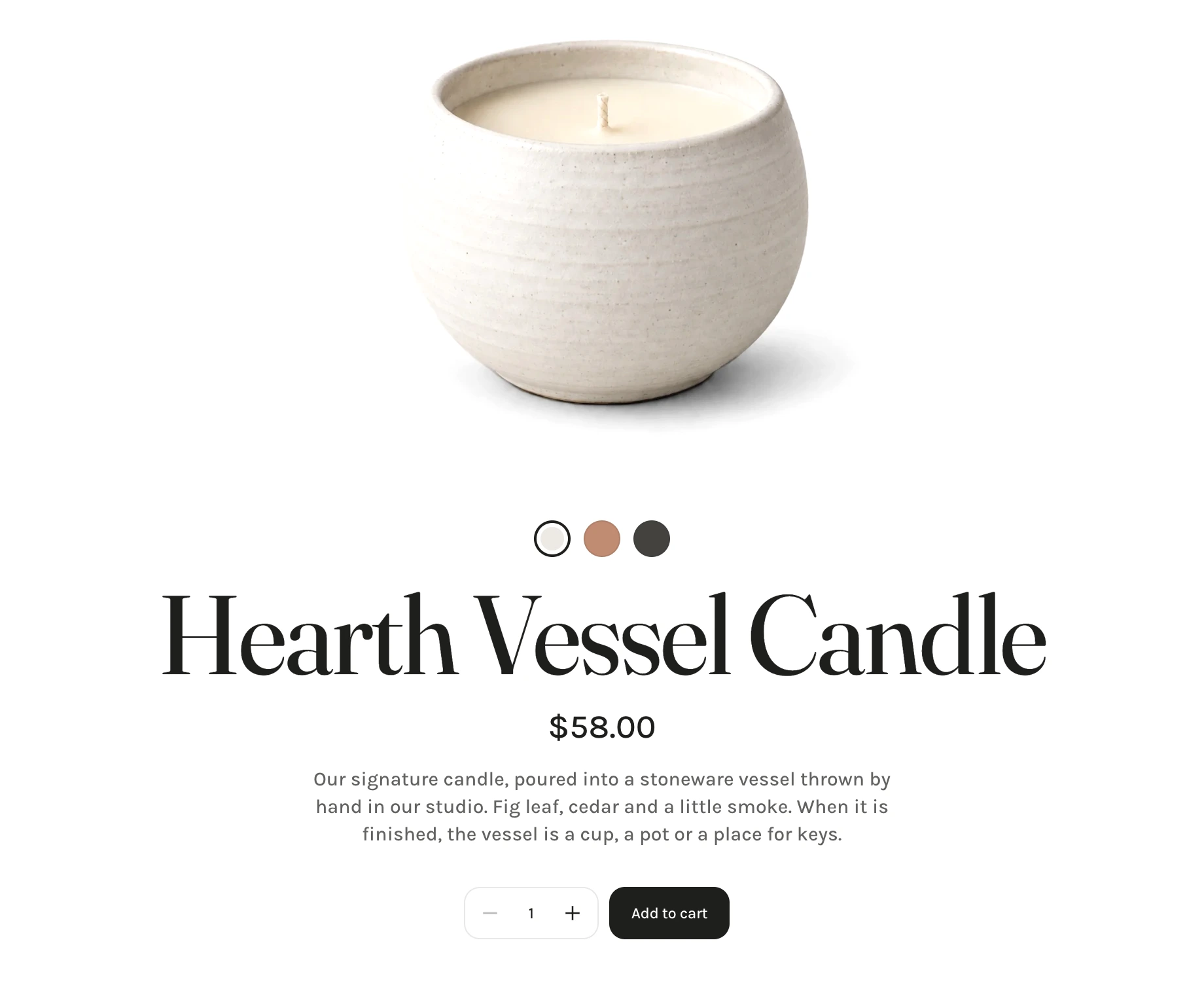 Product on the page layout: a candle in a stoneware vessel, three swatches, the title Hearth Vessel Candle, the price, a paragraph and add to cart