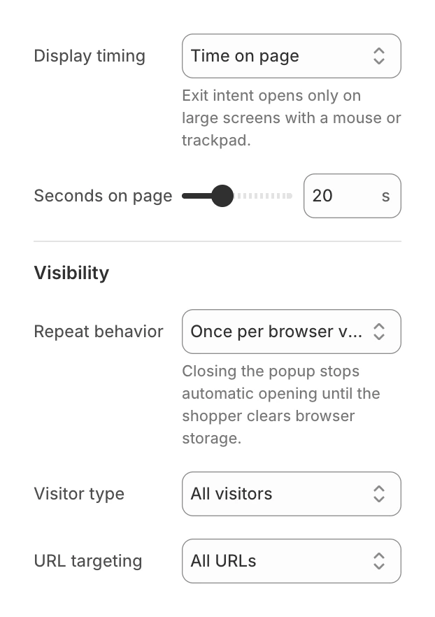 Popup section settings with Display timing set to Time on page, Seconds on page at 20 and the Visibility group under them