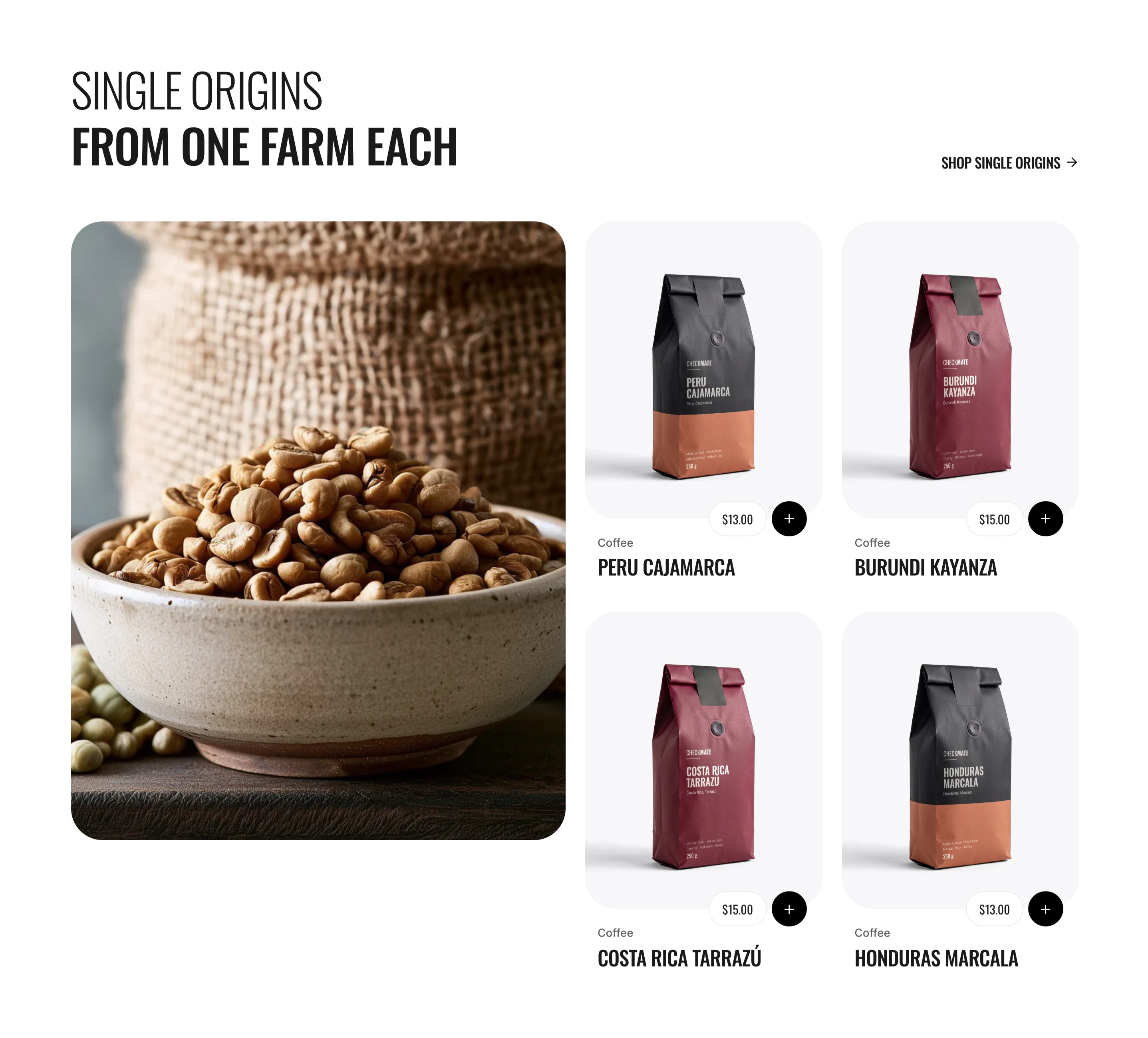 Photo and grid layout with a tall photo of coffee beans at the left and four product cards two across at the right, under a heading and a link
