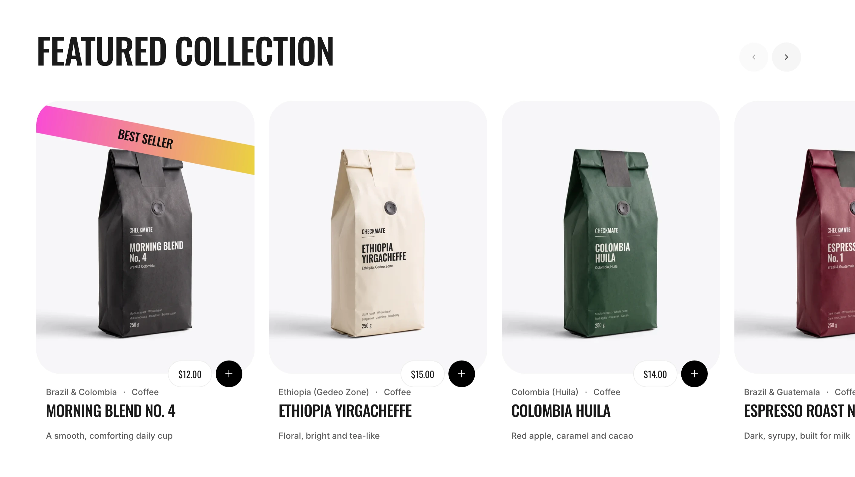 Featured collection section with a heading and a row of product cards that continues past the right edge of the screen, with arrows above the row