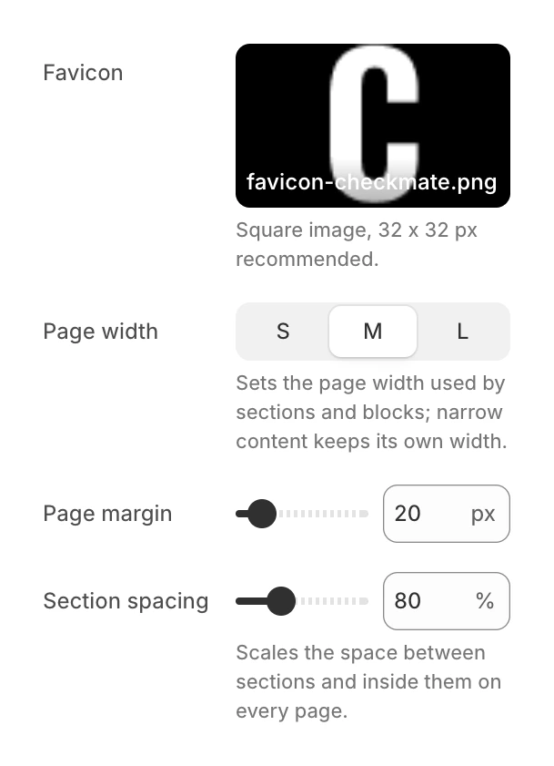 Layout group in Theme settings with Favicon, Page width set to M, Page margin at 20 px and Section spacing at 80%