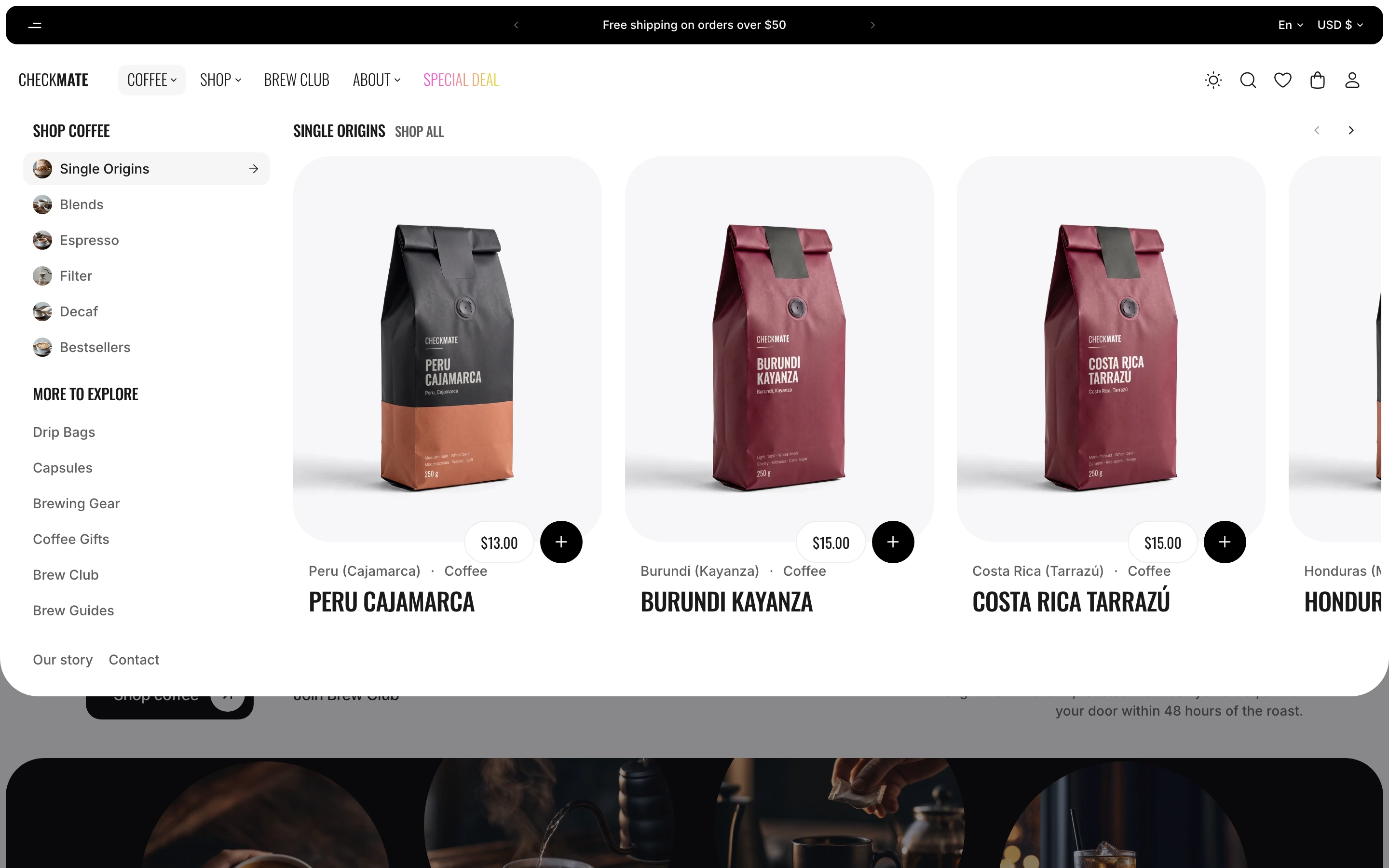 Coffee mega menu open, with small round collection photos beside the first links and product cards from Single Origins, the selected link