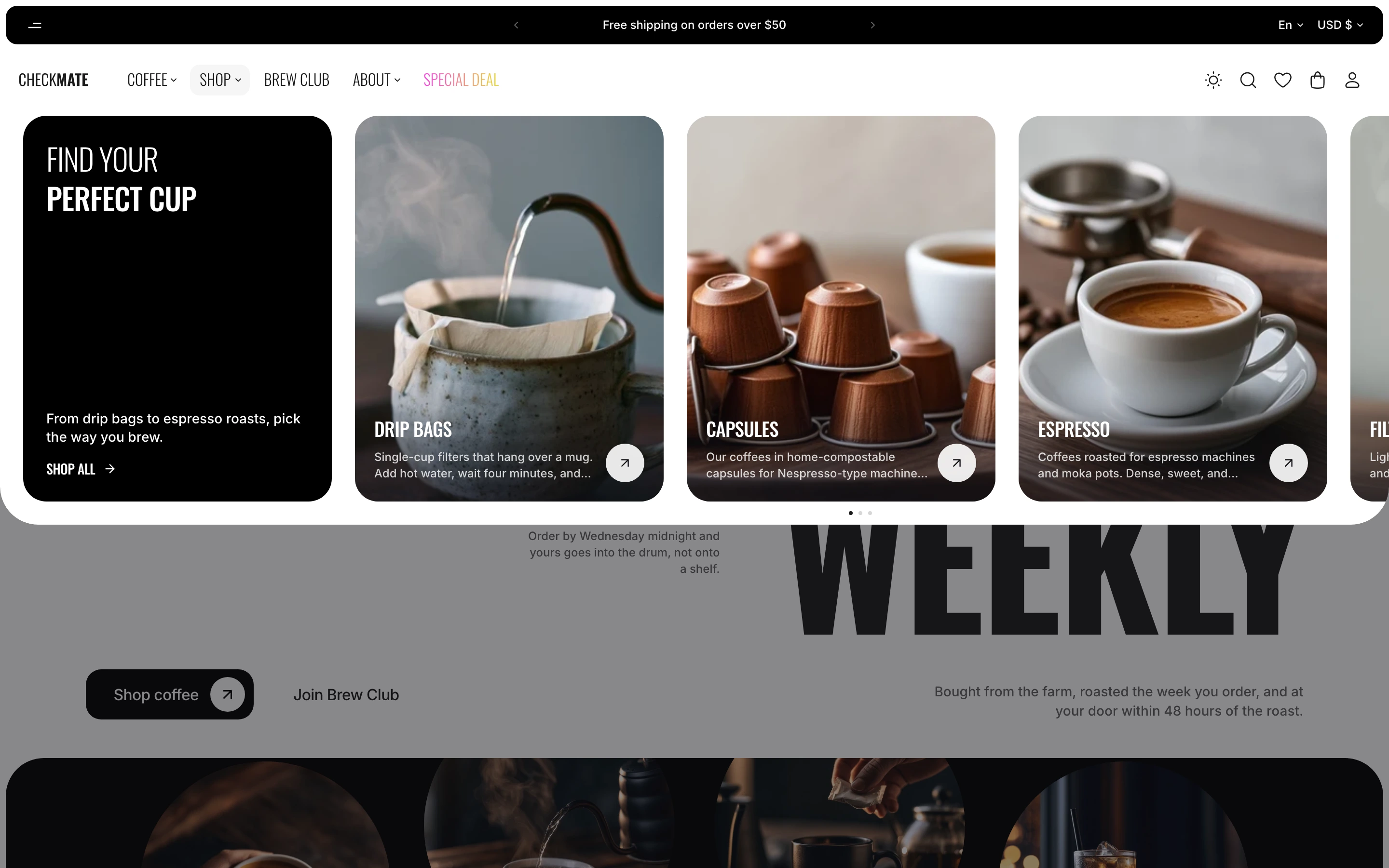 Shop mega menu open, with a black promo card first and a row of collection cards with photos, such as Drip Bags, Capsules and Espresso