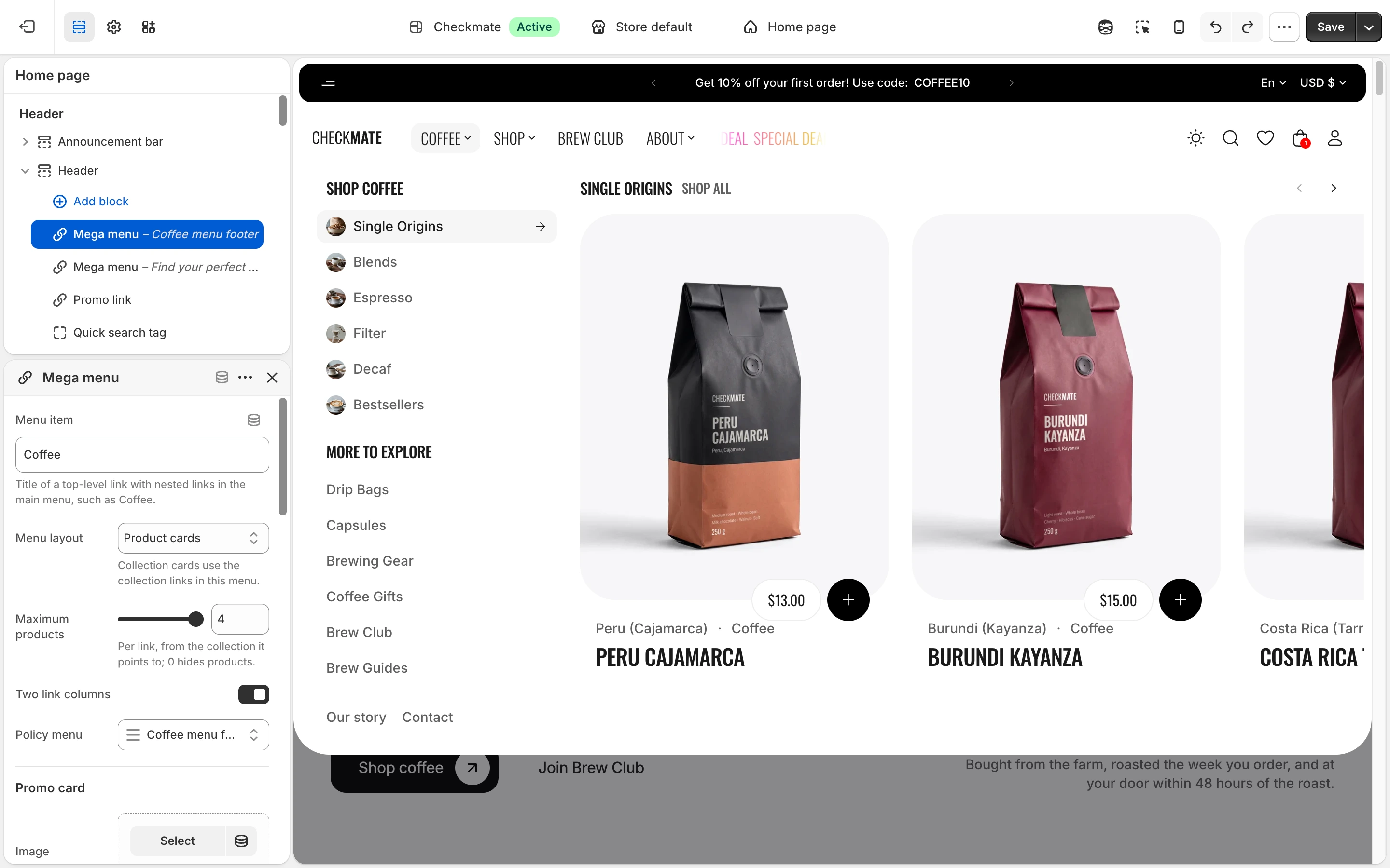 Mega menu block with Menu item set to Coffee and Menu layout set to Product cards, and the Coffee panel open in the preview