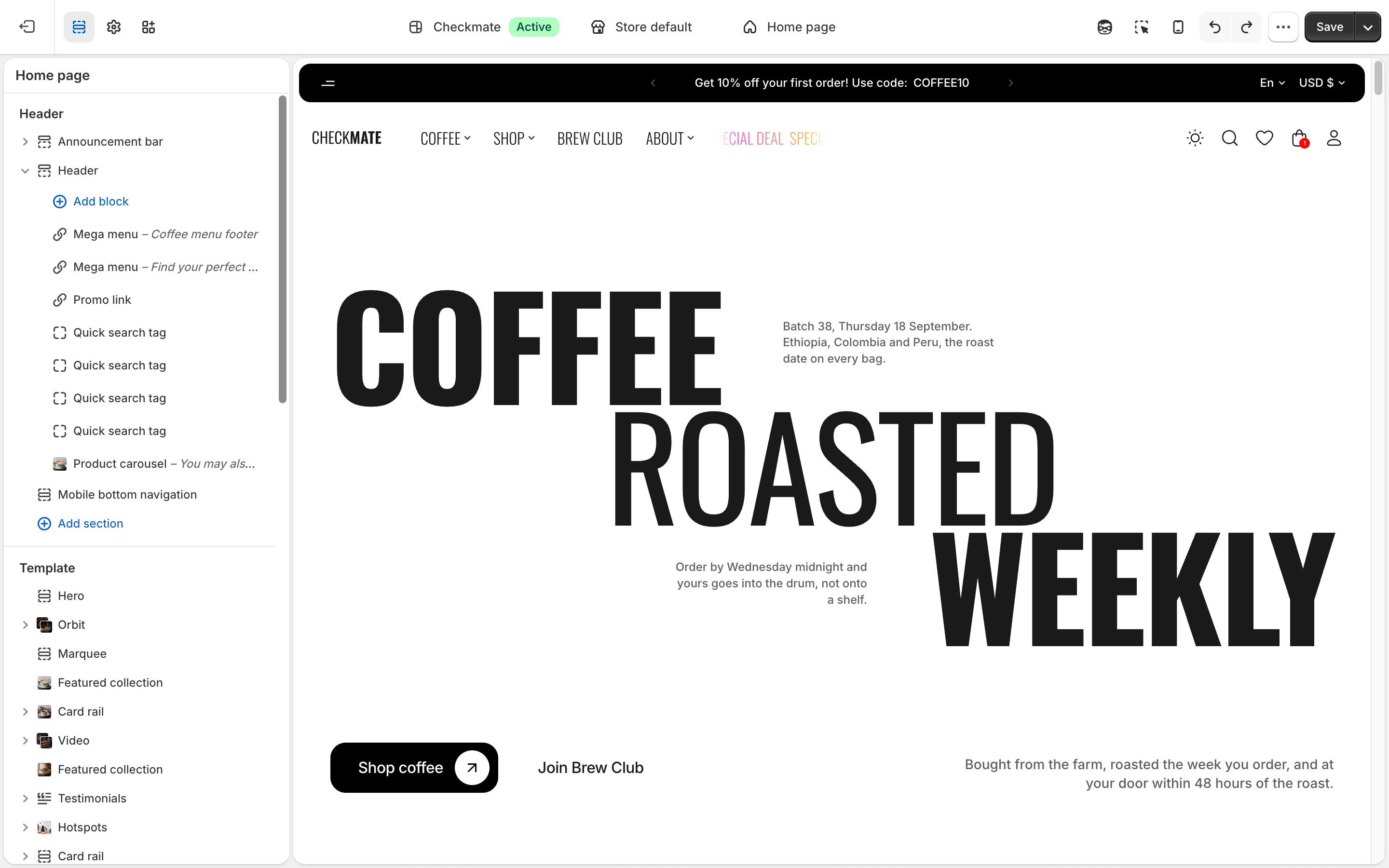 Theme editor on the Home page with the Header section open to its blocks, the Template list of sections below it, and the page preview