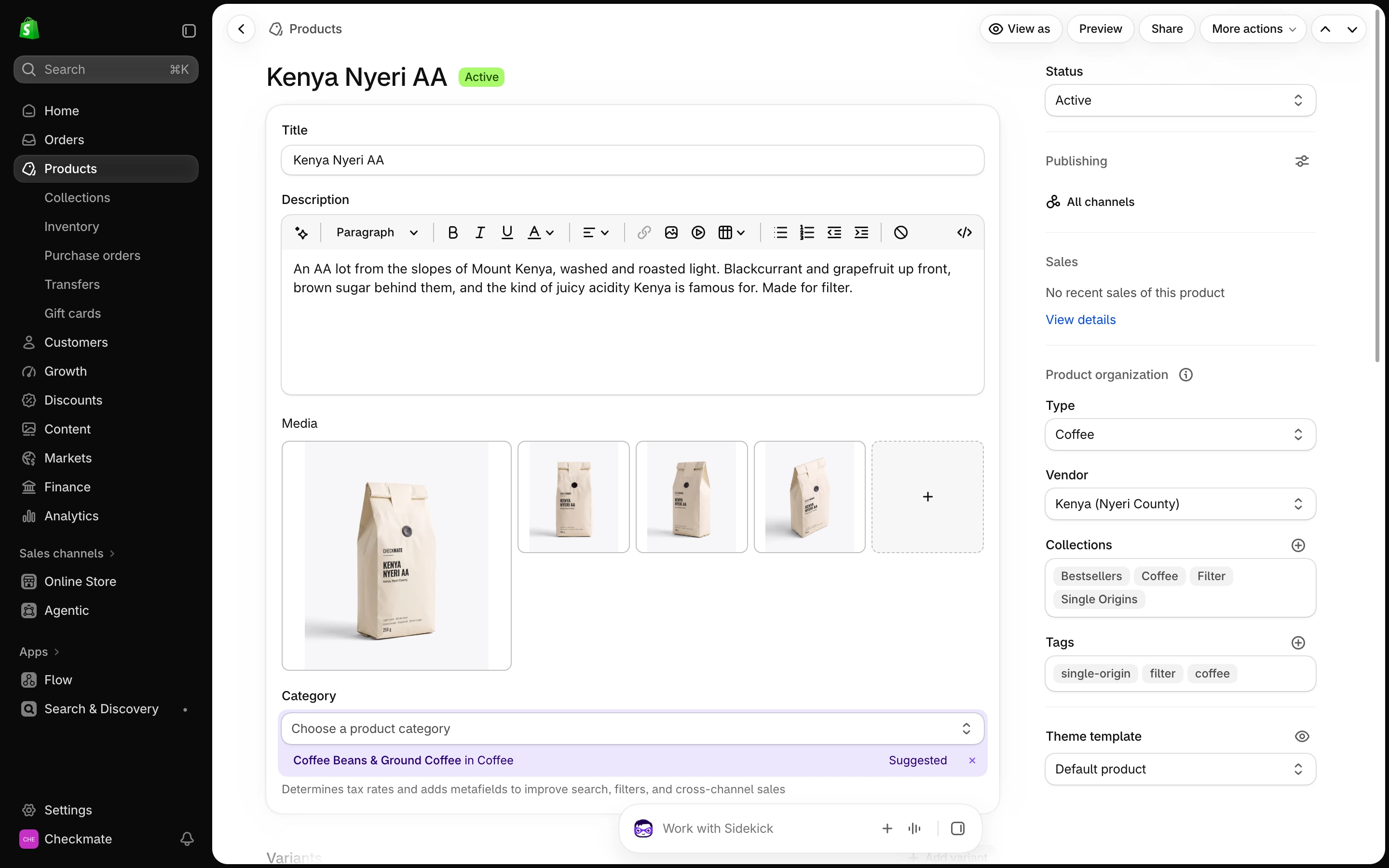 Kenya Nyeri AA in the Shopify admin, with Theme template set to Default product in the right column