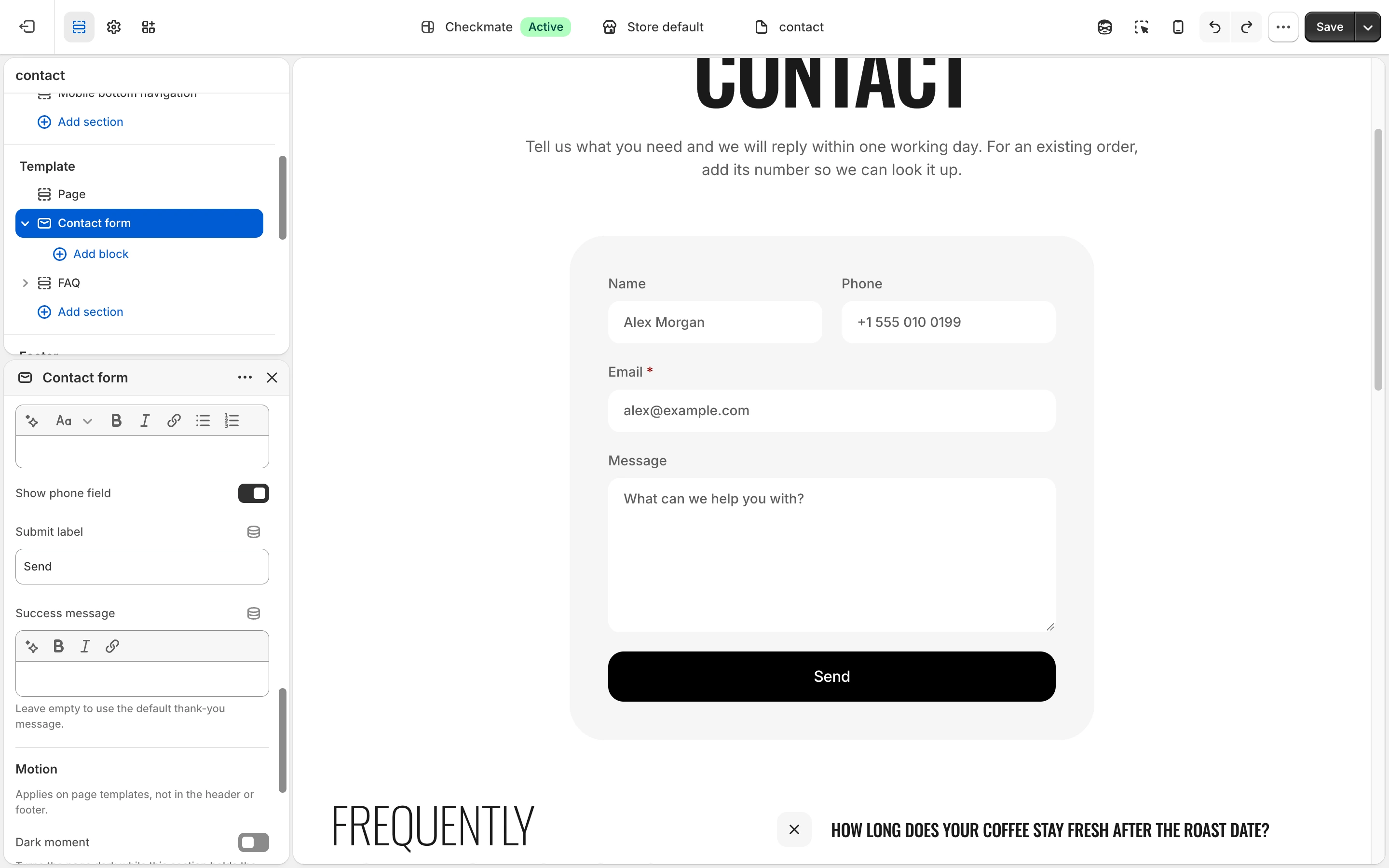 Contact form section settings with Show phone field and Submit label, and the form with Name, Phone, Email, Message and Send