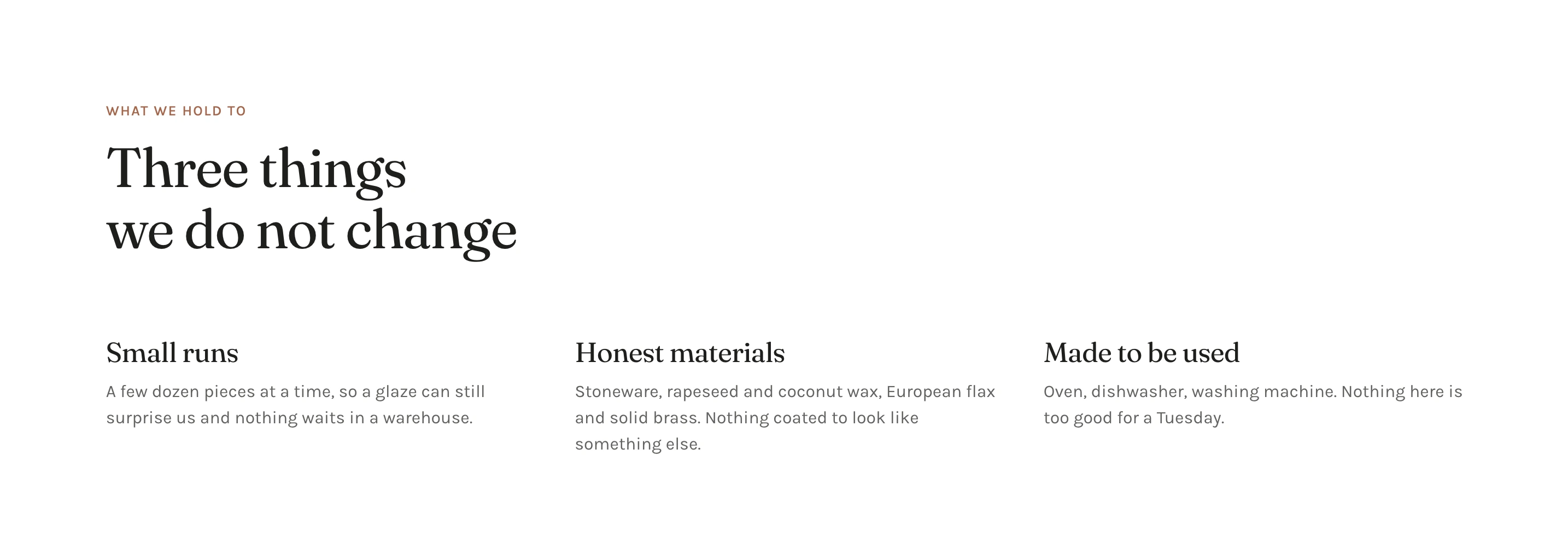 Text blocks on the Lair About page: the eyebrow What we hold to, a large heading, and three small headings each over a paragraph