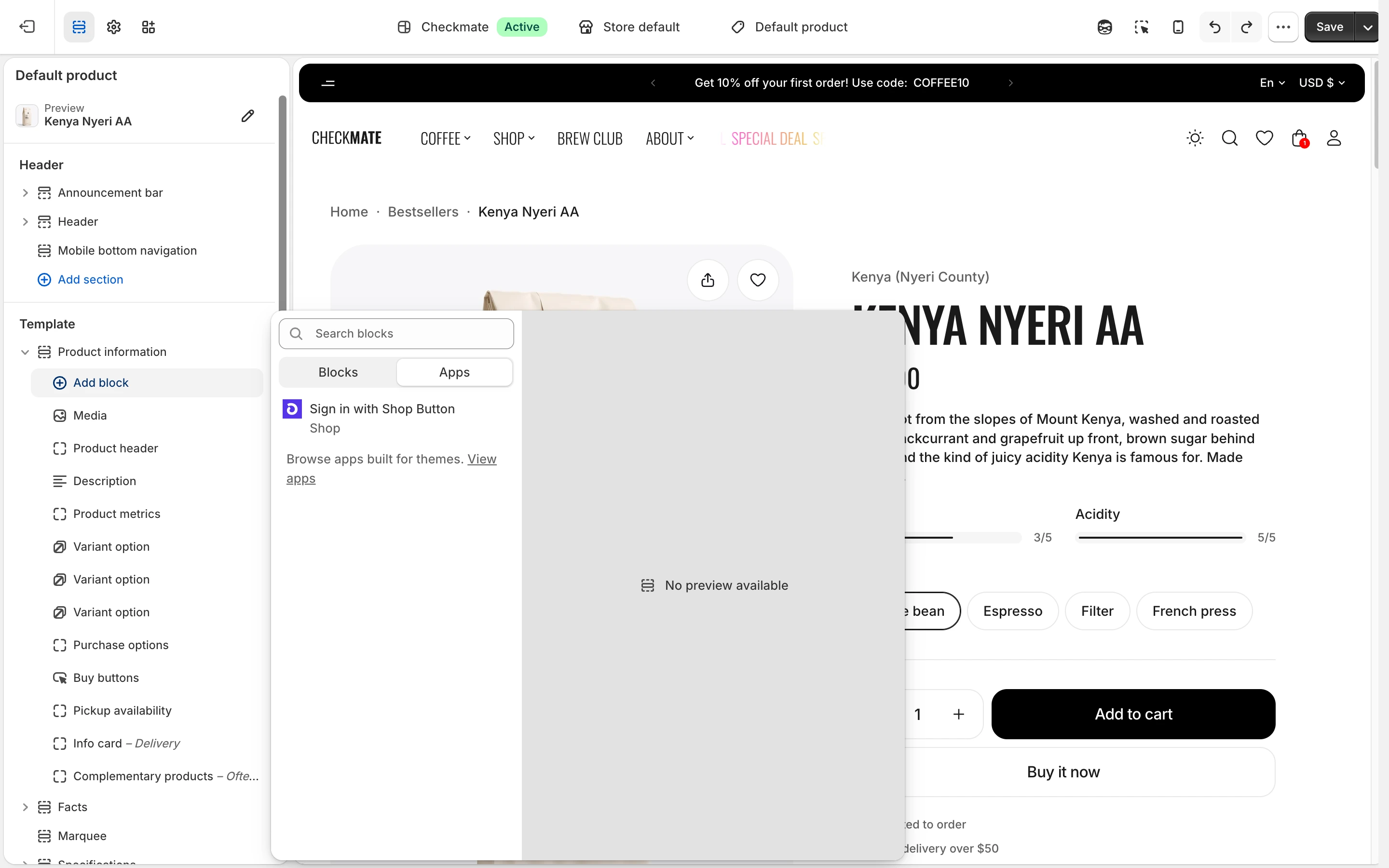 Add block list of the Product information section with the Apps tab open and the Sign in with Shop Button app block