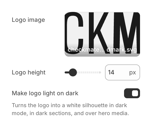 Logo group in Theme settings with the logo image, Logo height at 14 px and Make logo light on dark turned on