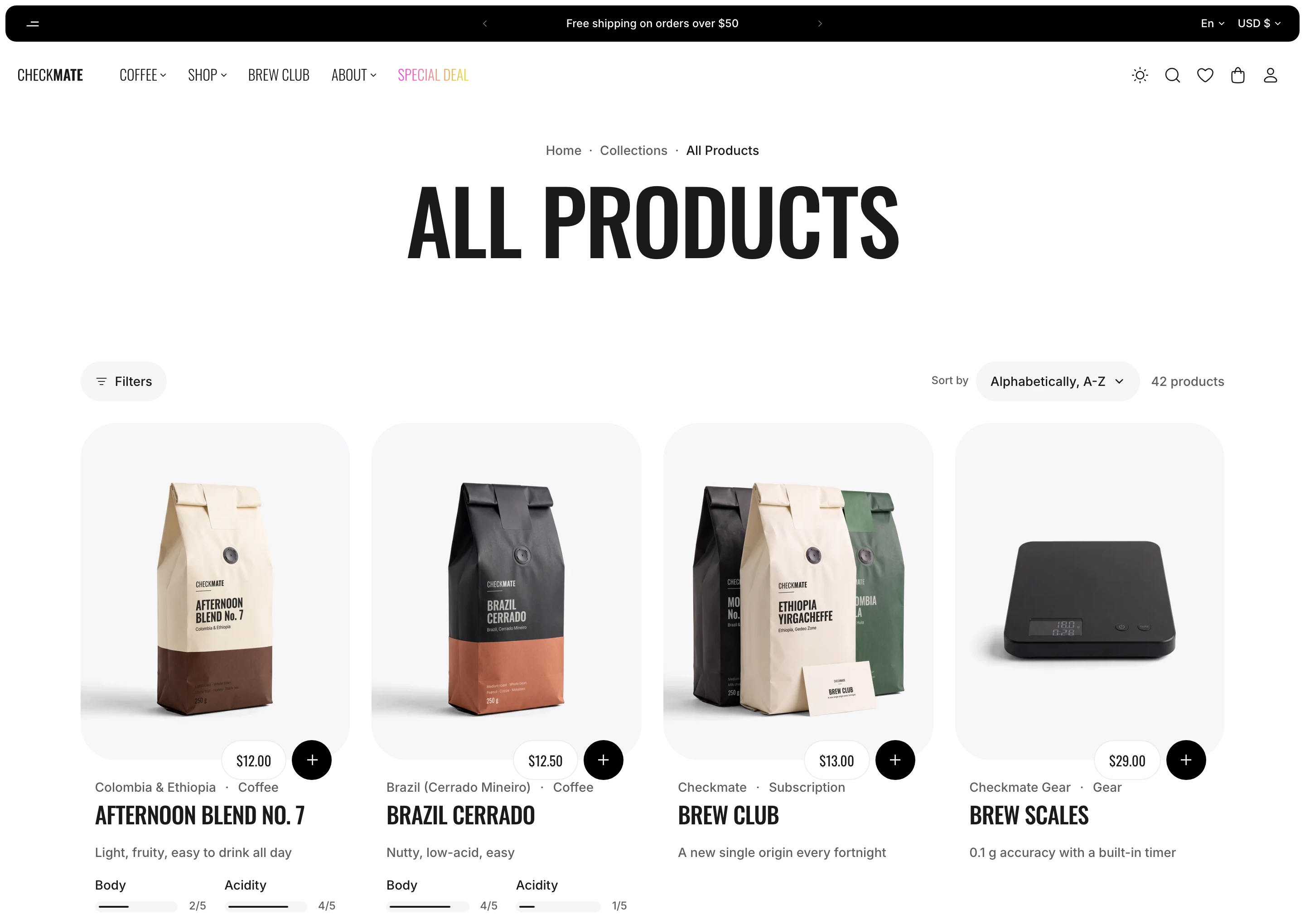 All Products collection page with the announcement bar, the header, the heading and a row of product cards