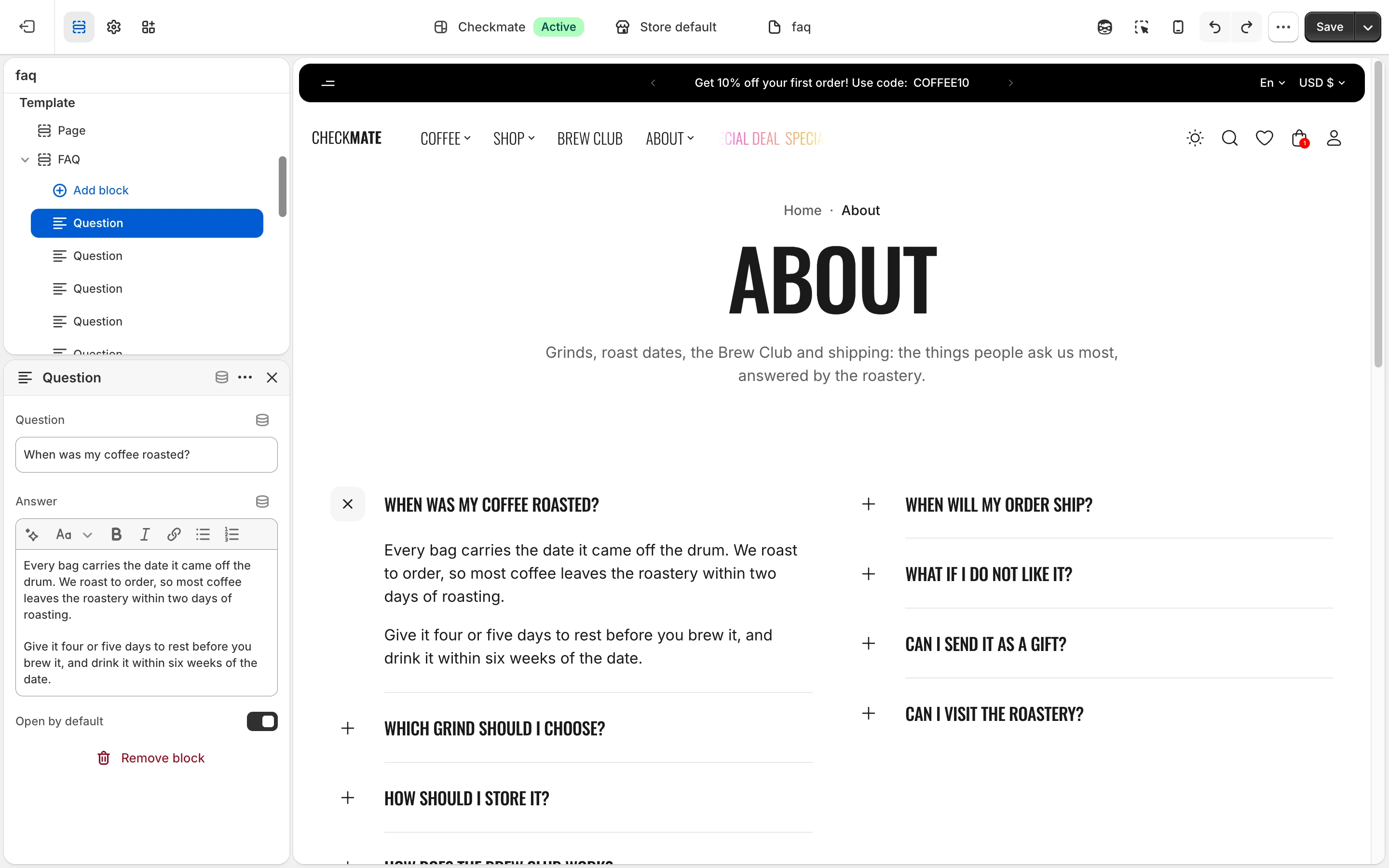 First Question block of the faq template with its Question and Answer fields, and the same question open on the page