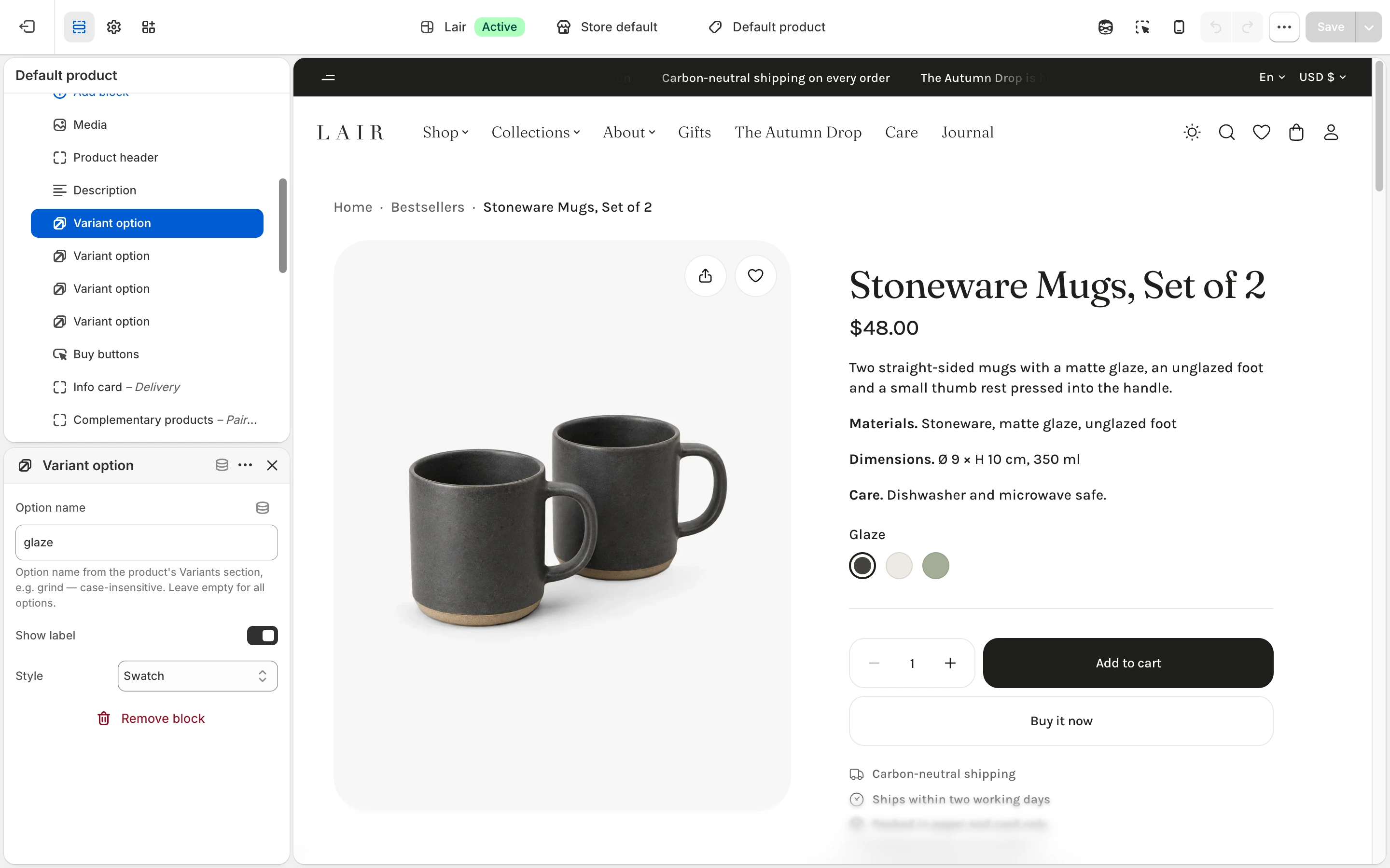 Lair editor with a Variant option block, glaze in Option name and Style set to Swatch, and the Glaze swatches on the Stoneware Mugs page