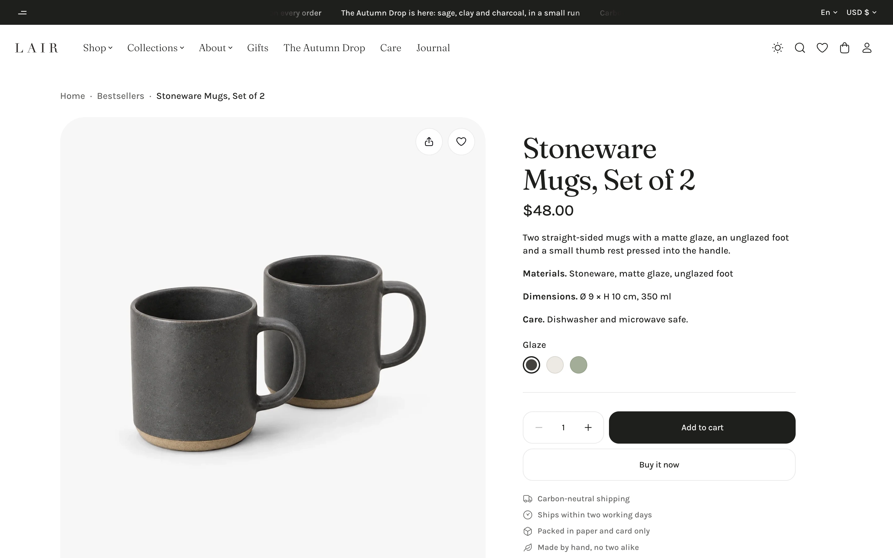 Lair product page for Stoneware Mugs, Set of 2, with three round Glaze swatches under the description