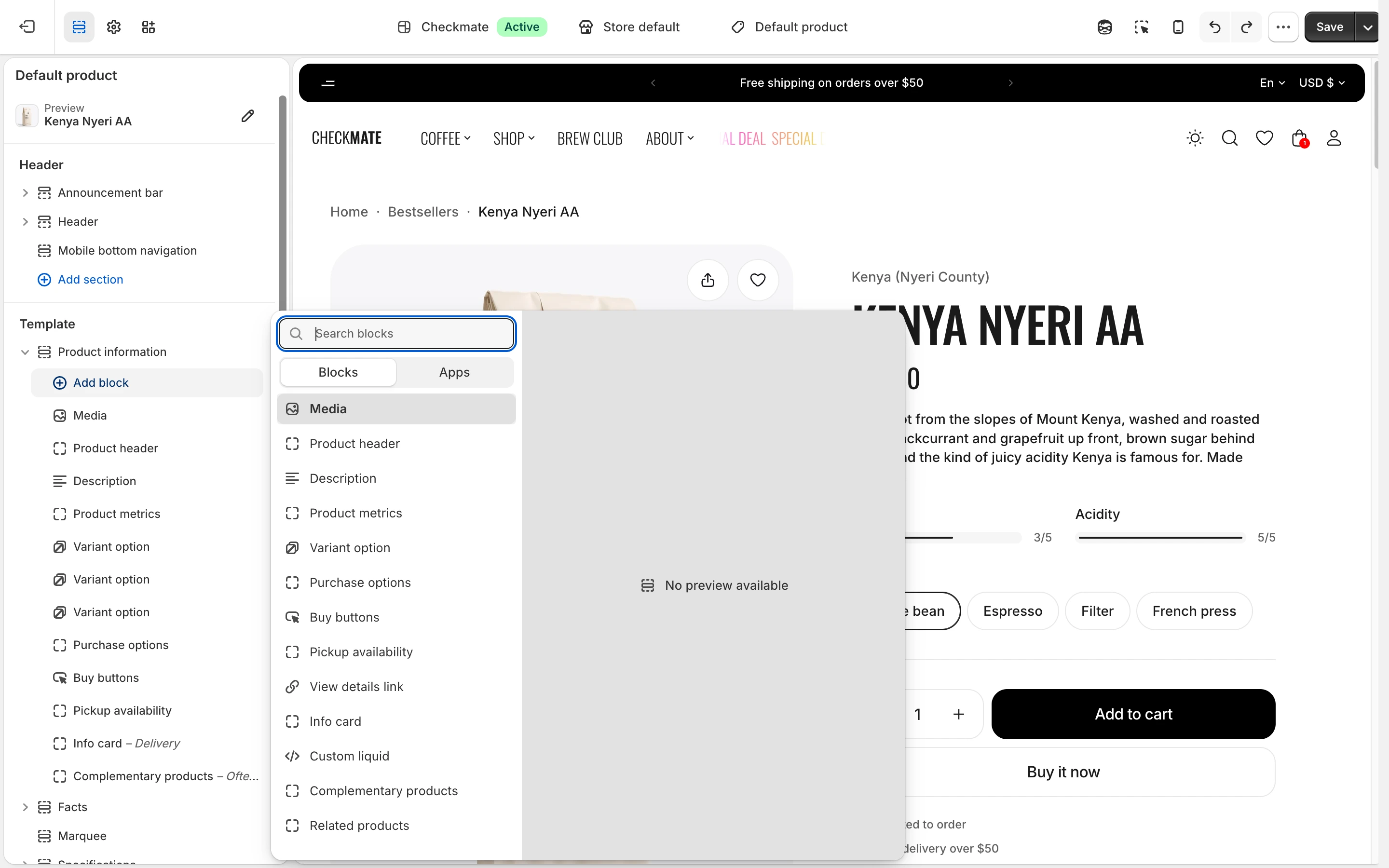 Add block list of the Product information section, from Media to Complementary products and Related products