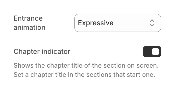 Animations group in Theme settings with Entrance animation set to Expressive and Chapter indicator turned on