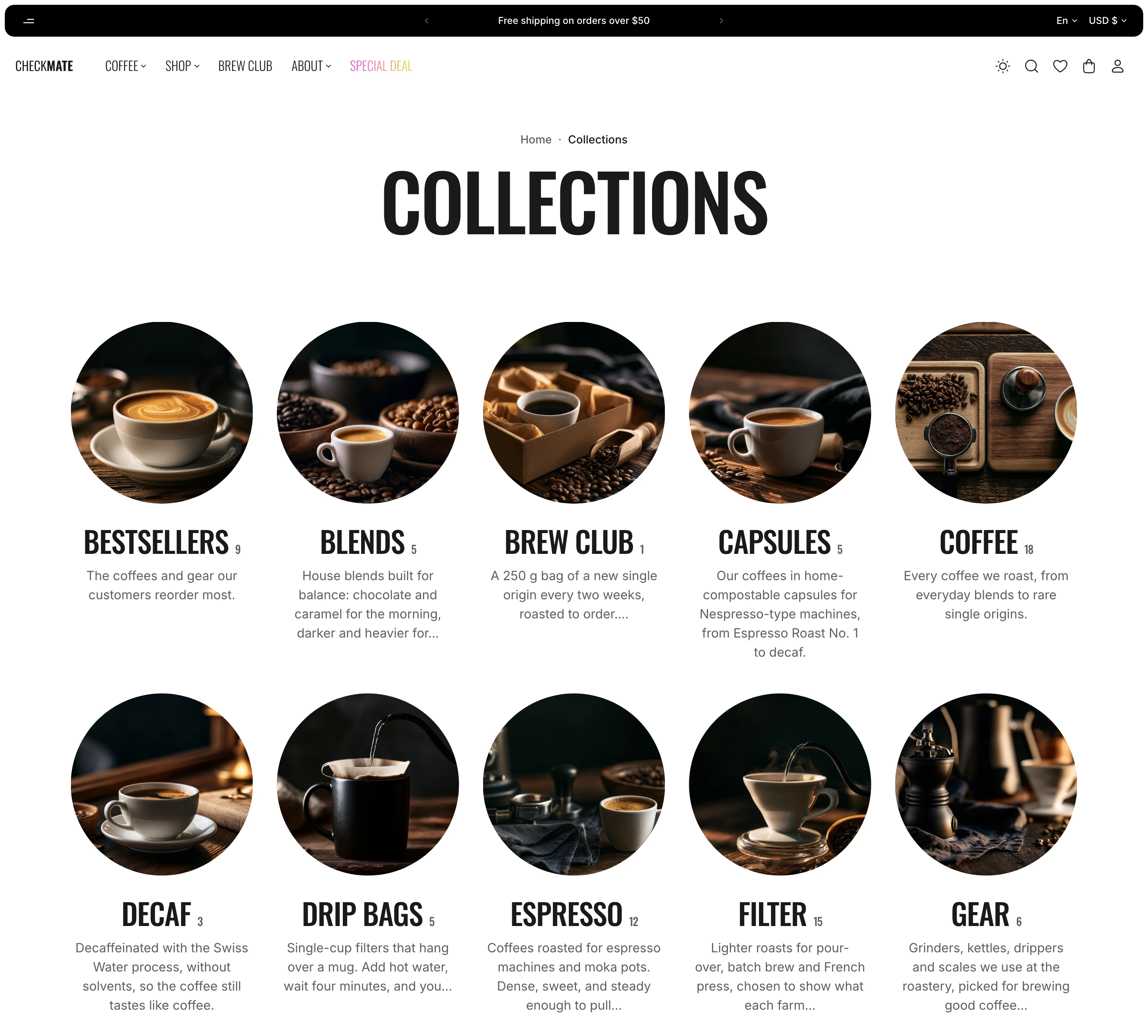Collections page with the heading Collections over a grid of round collection photos, each with its name and product count