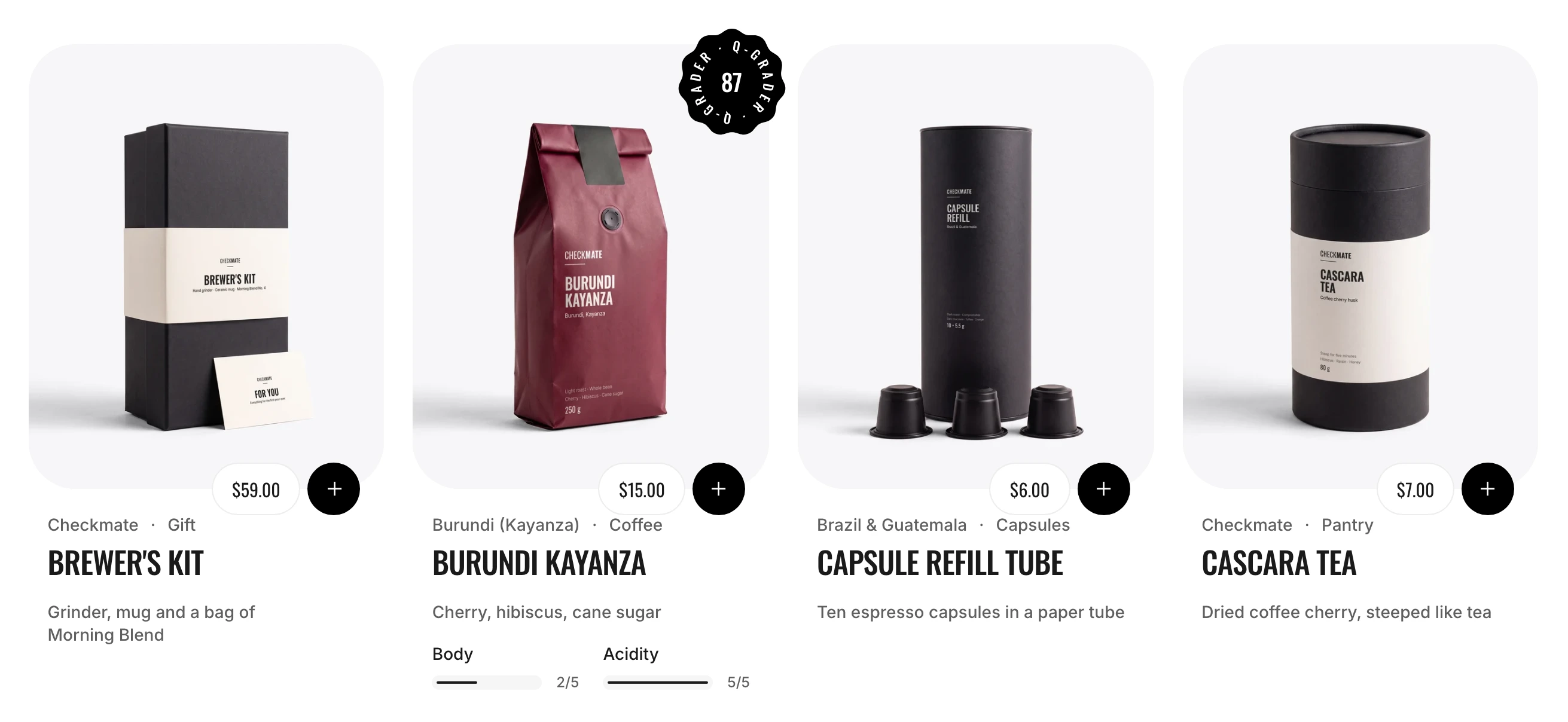 Row of four collection product cards, the Burundi Kayanza card topped by a black seal with 87 in the center and Q-Grader around its edge