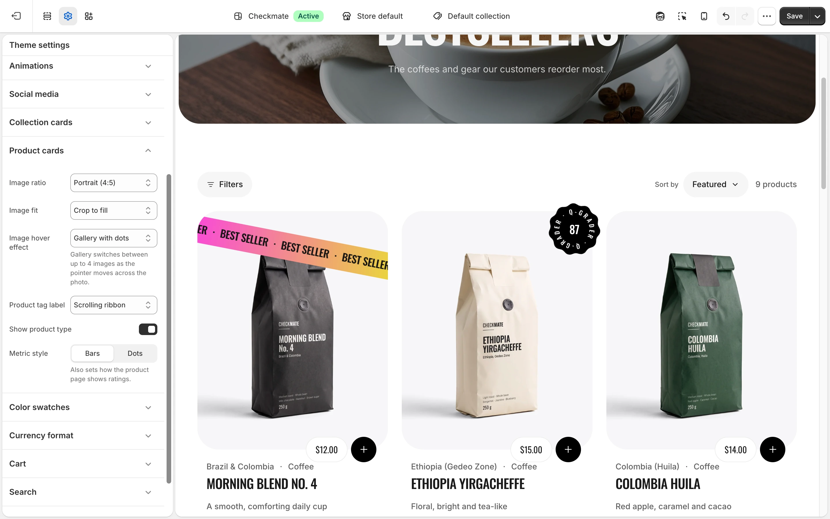 Product cards group in Theme settings with Product tag label set to Scrolling ribbon, and a Best seller ribbon across the first card